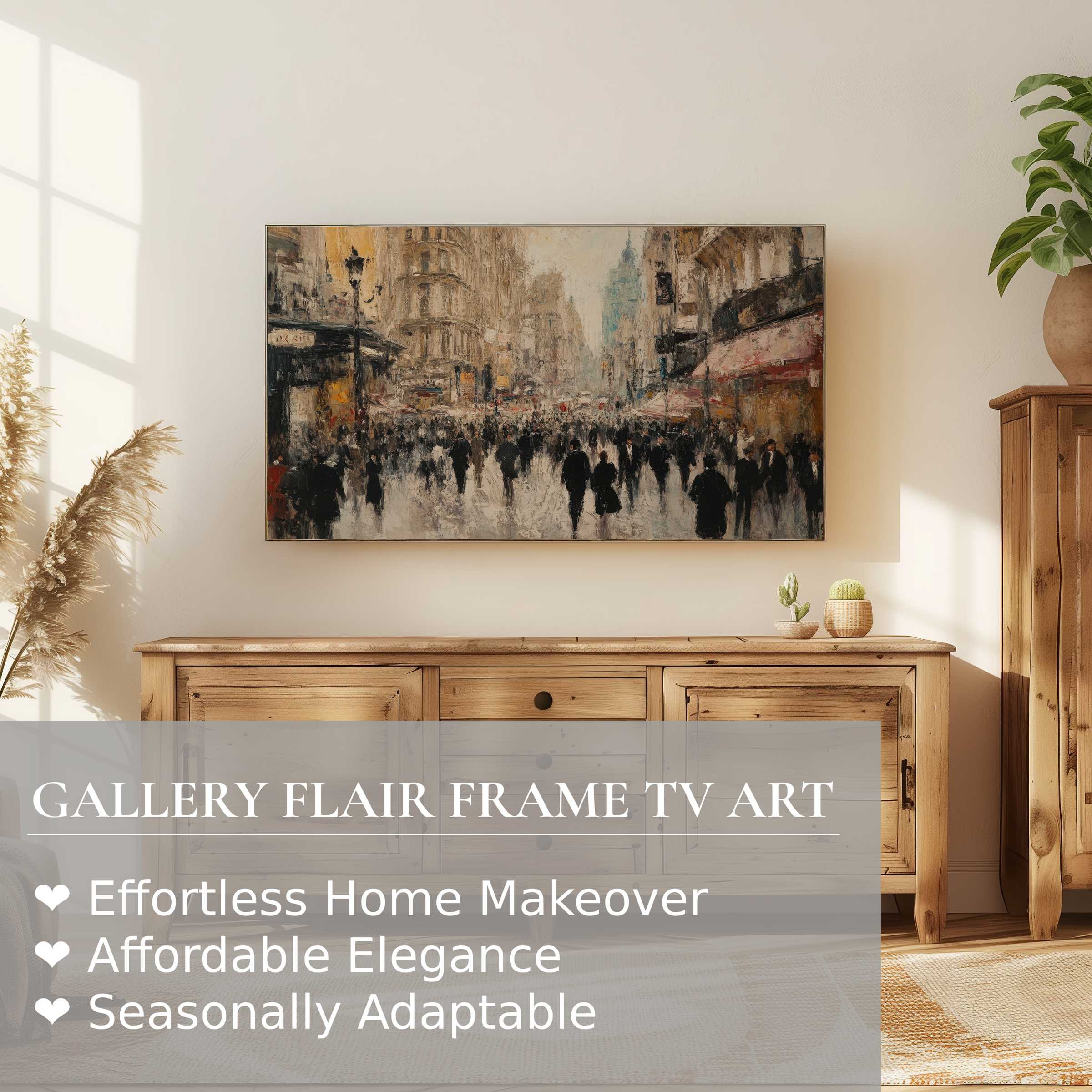 Samsung Frame TV displays elegant, muted urban digital artwork, enhancing refined living spaces with modern sophistication