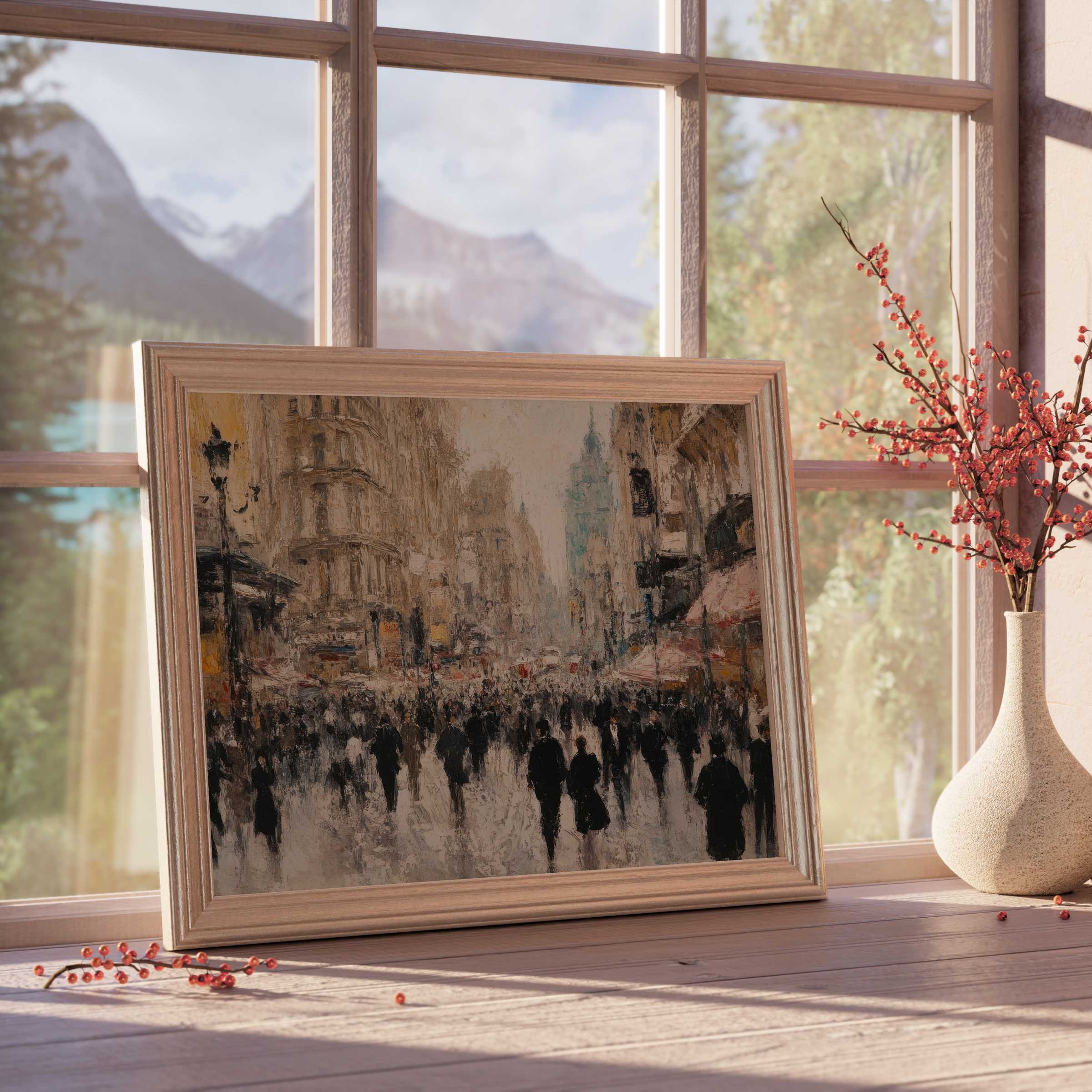 Urban downloadable art capturing a timeless cityscape, radiating warm hues and elegant movement for curated, tranquil interiors