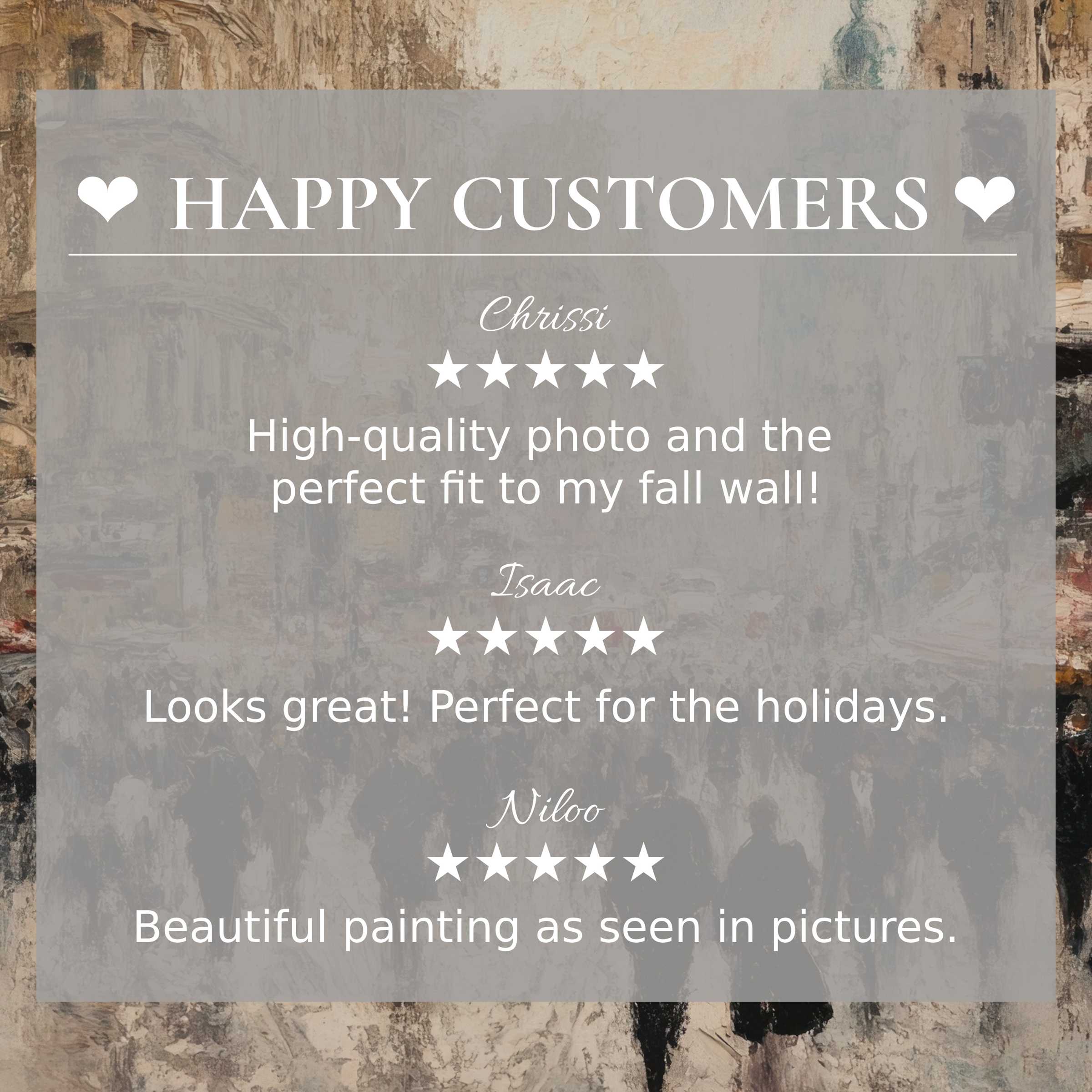 Urban art for Frame TV with abstract textured backdrop, showcasing happy customer reviews and elegant trust-building design