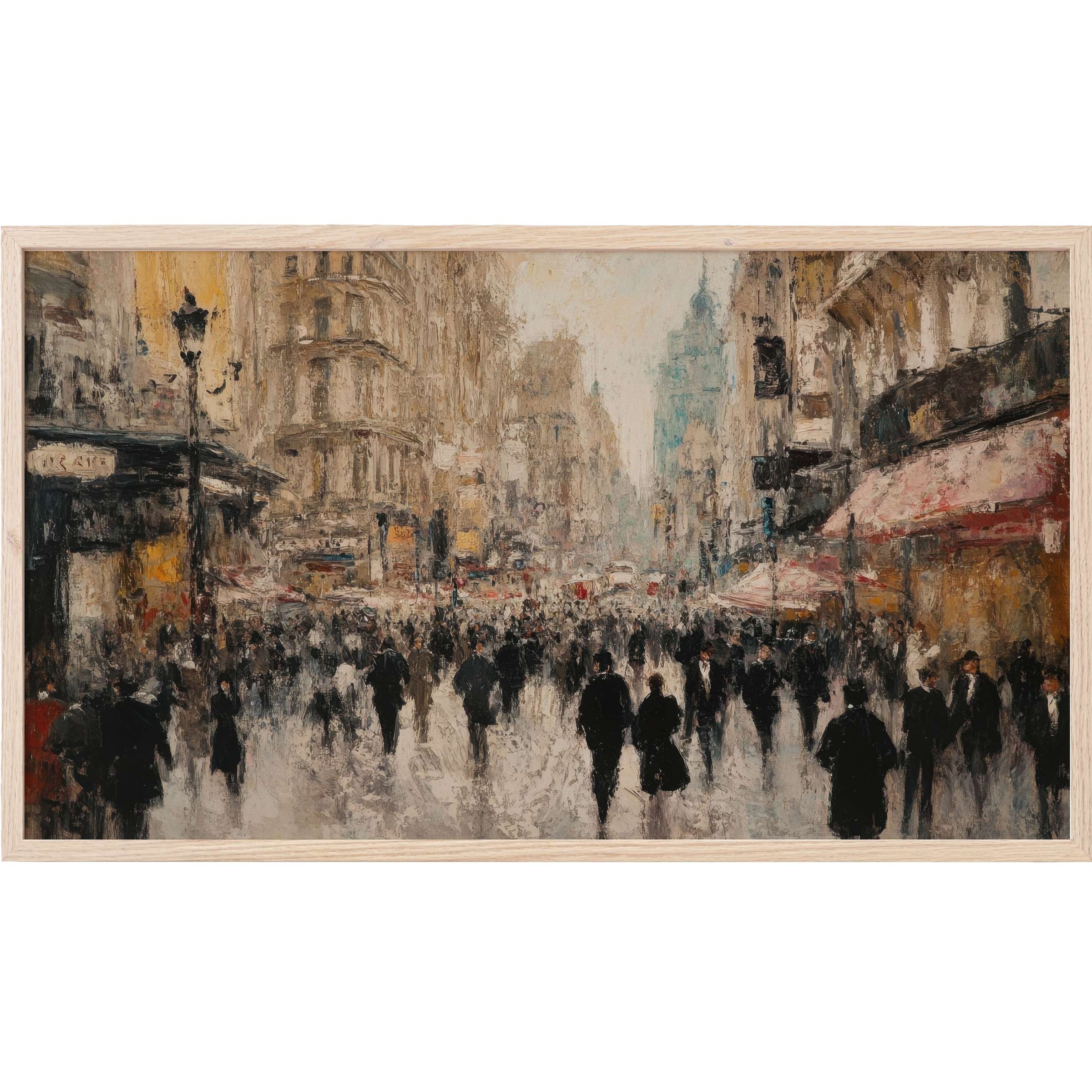 Urban Frame TV Art depicting a bustling city scene in muted browns, blacks, and soft blues with an impressionist style