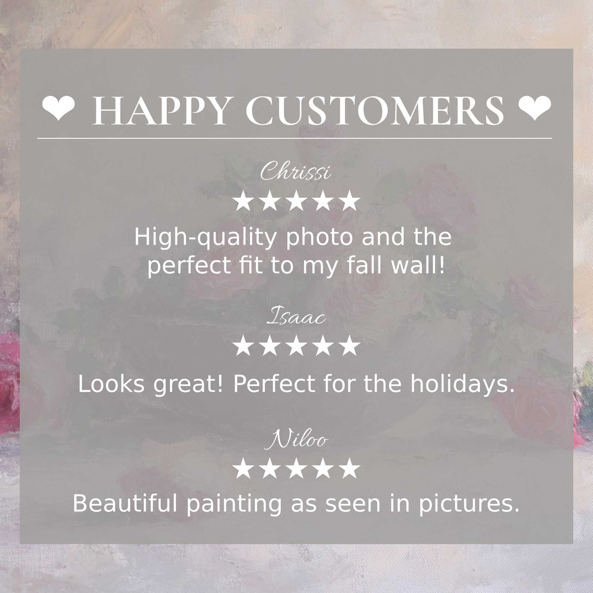 Botanical art for Frame TV with soft floral background, showcasing happy customer reviews and trusted, elegant design
