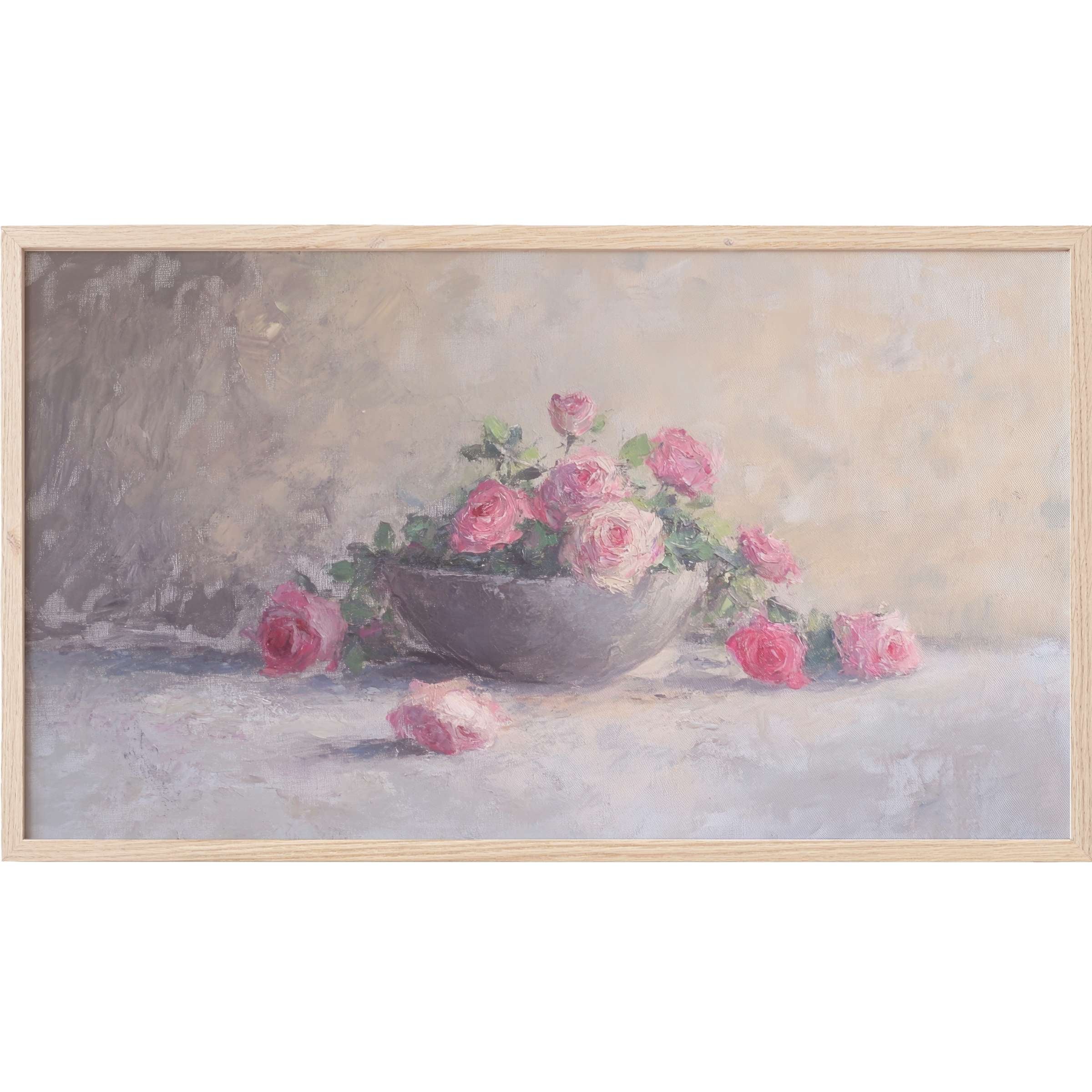 Soft pink roses in a muted gray bowl with blurred beige background, elegant botanical Frame TV Art in pastel tones