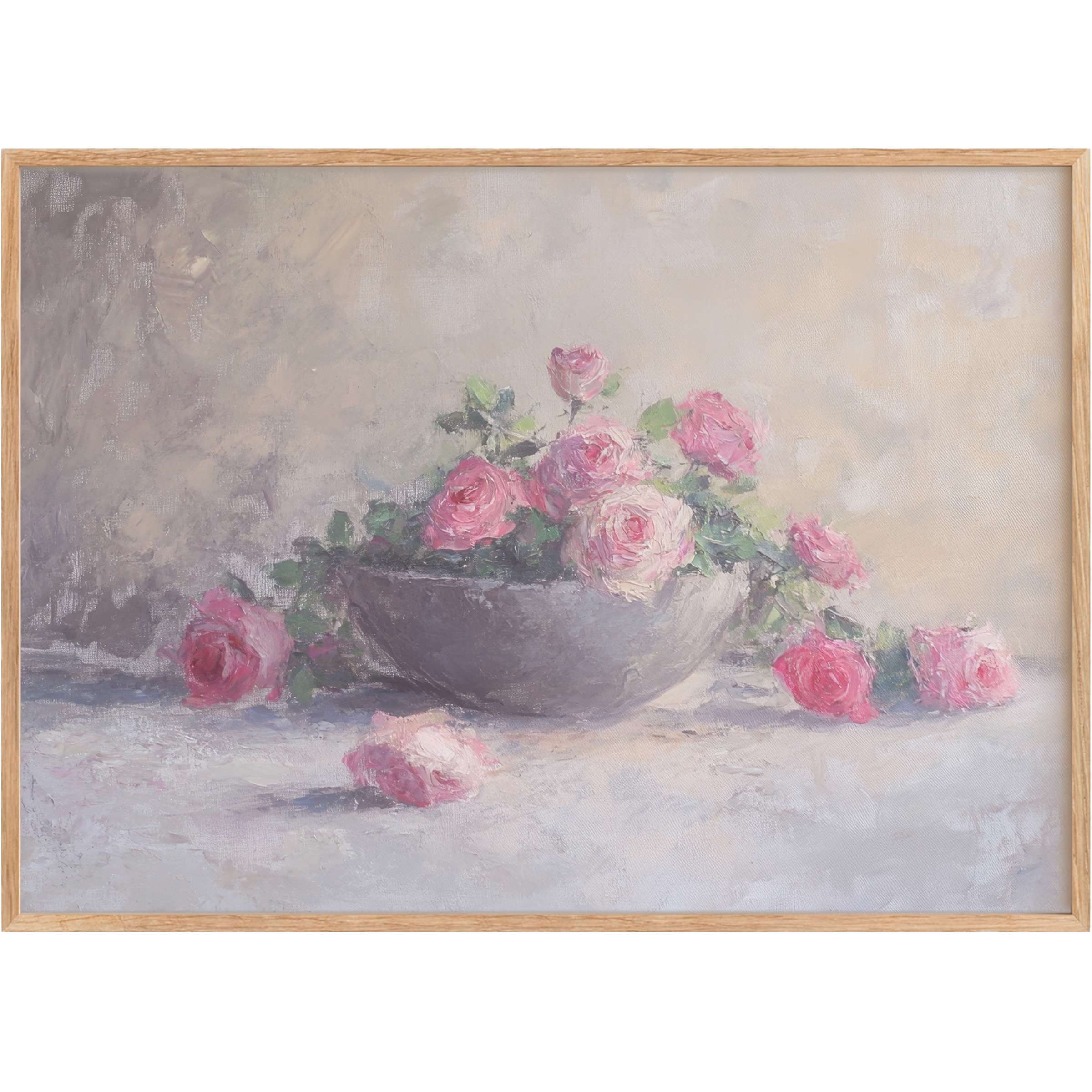 Botanical printable wall art featuring softly textured pink roses in muted grays and creams, evoking serene elegance and timeless charm