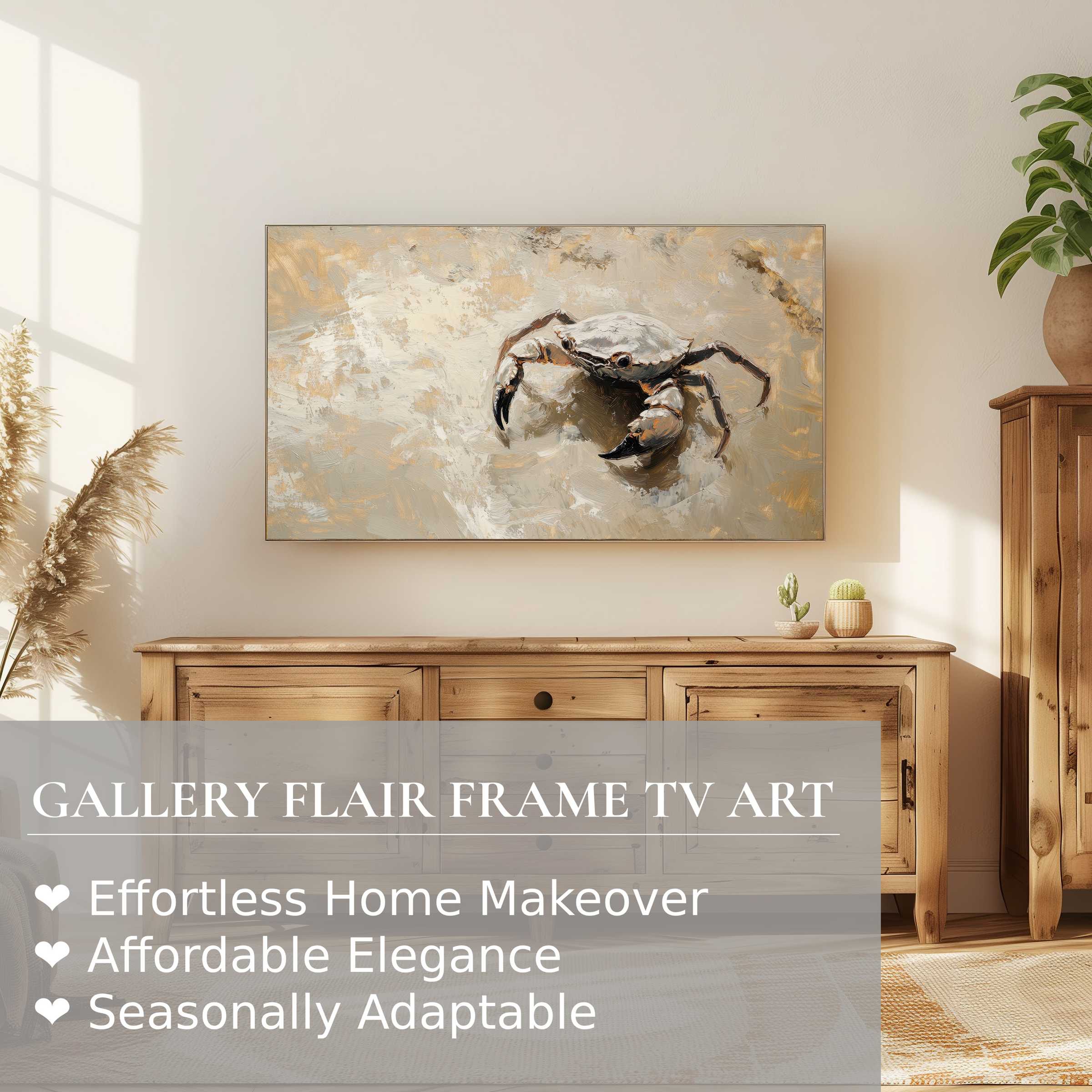 Samsung Frame TV displays coastal digital artwork of a crab in warm, neutral tones, enhancing elegant, modern decor