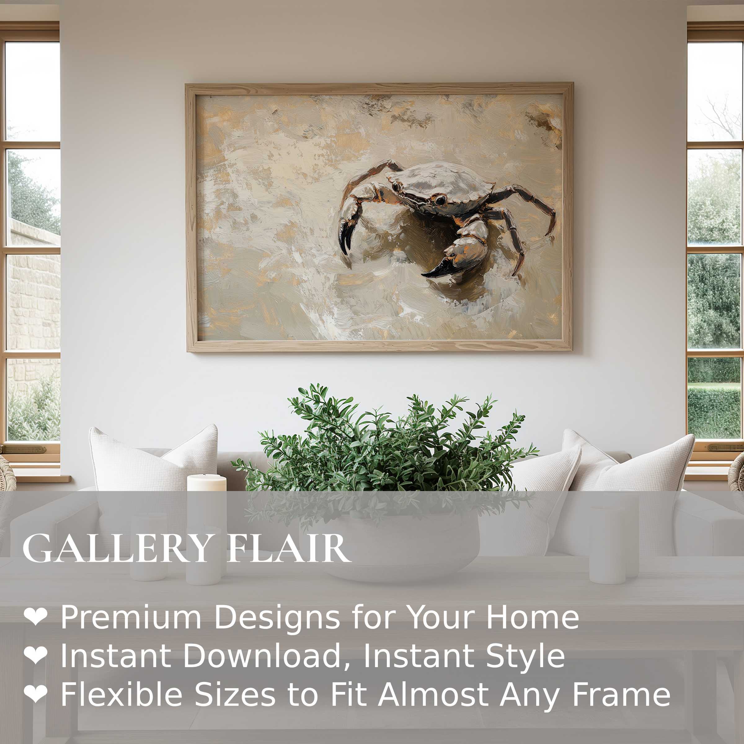 Coastal wall art print of a serene crab in soft neutrals, elevating modern, minimalist interiors with tranquil, natural elegance