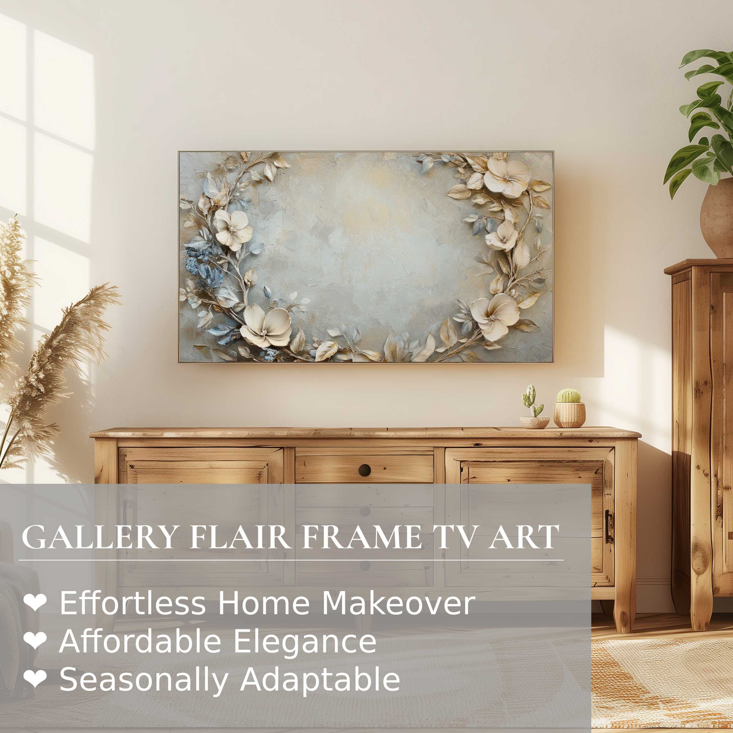 Modern living room with warm wood tones, Samsung Frame TV displaying elegant floral digital artwork in soft hues