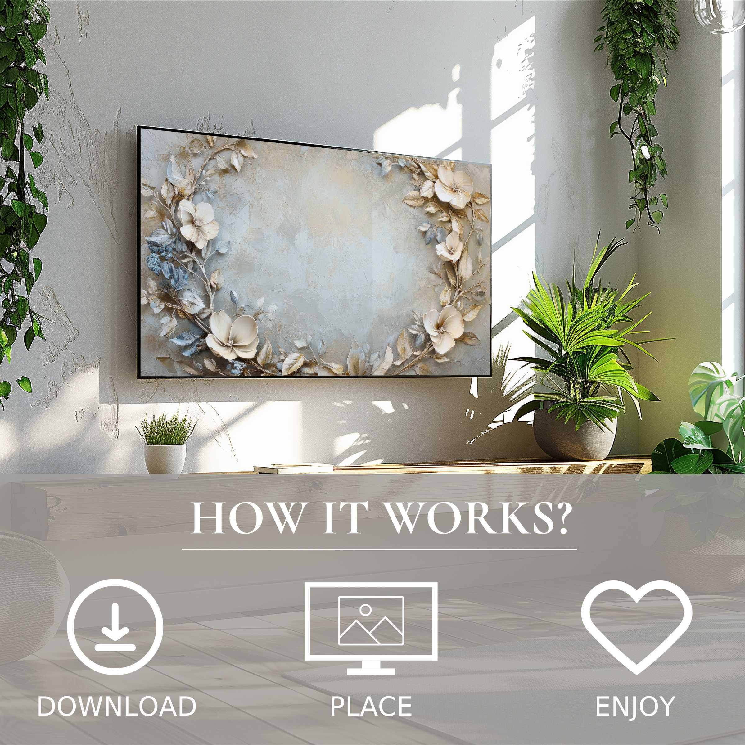 Modern living room with floral art for Samsung TV showing soft beige and blue wreath design, easy digital download