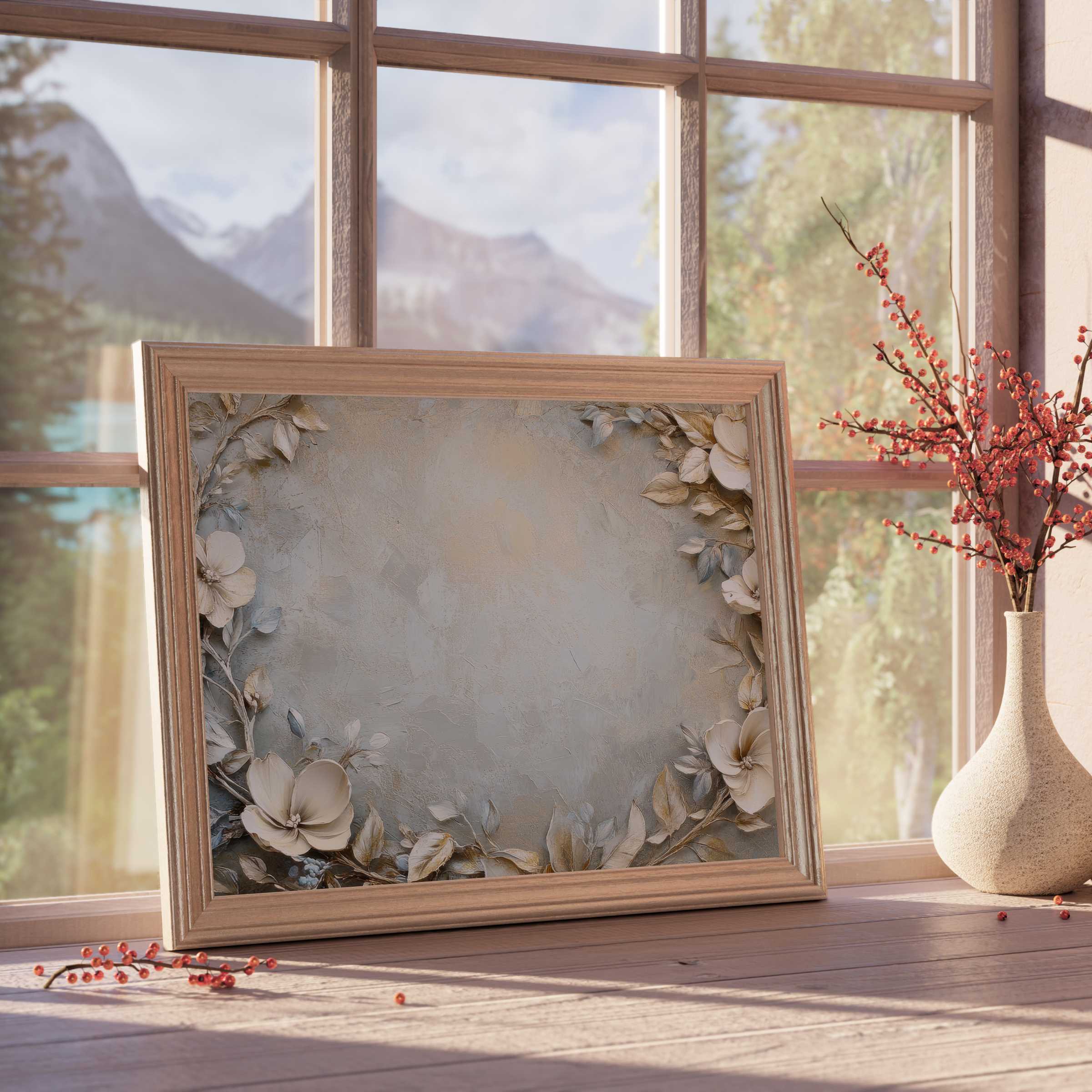 Elegant floral downloadable art in neutral tones, enriching serene interiors with timeless botanical charm and refined grace