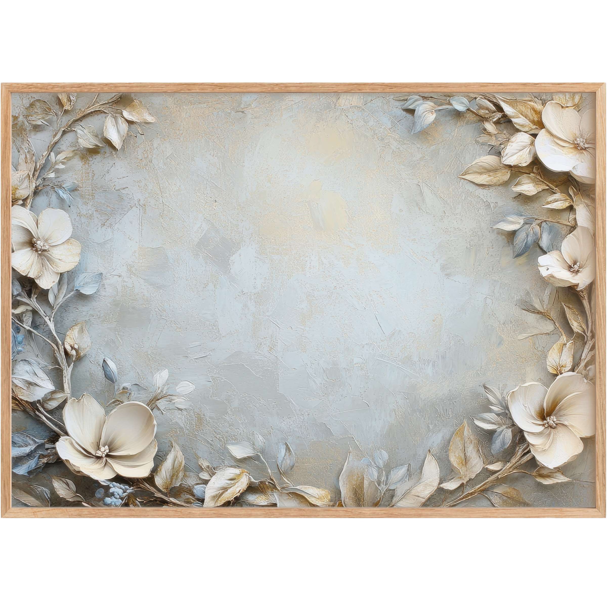 Elevate interiors with floral printable wall art featuring muted blues and creams, evoking serene elegance and timeless grace