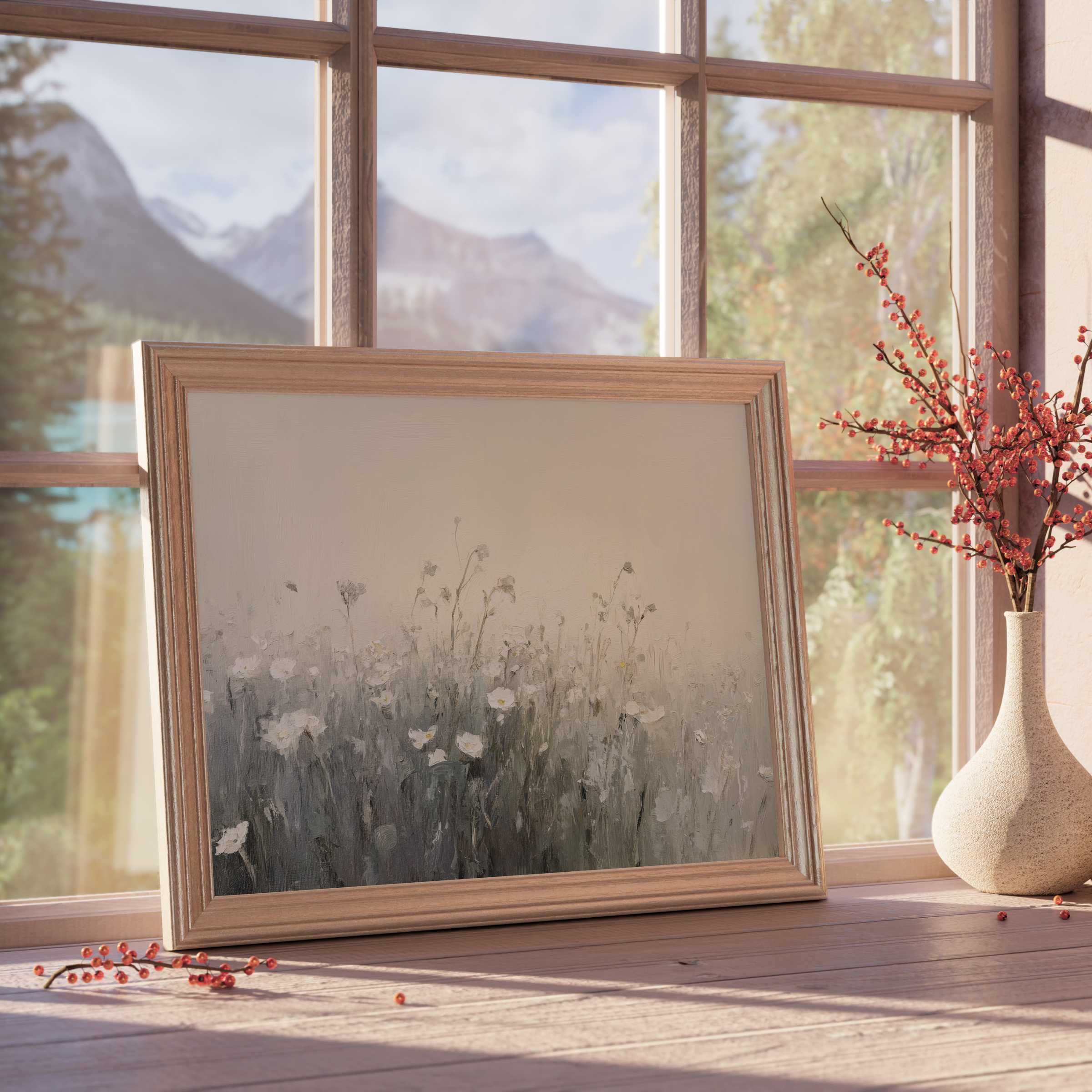 Serene spring downloadable art with delicate floral hues, enhancing tranquil, curated interiors in elegant, light-filled spaces