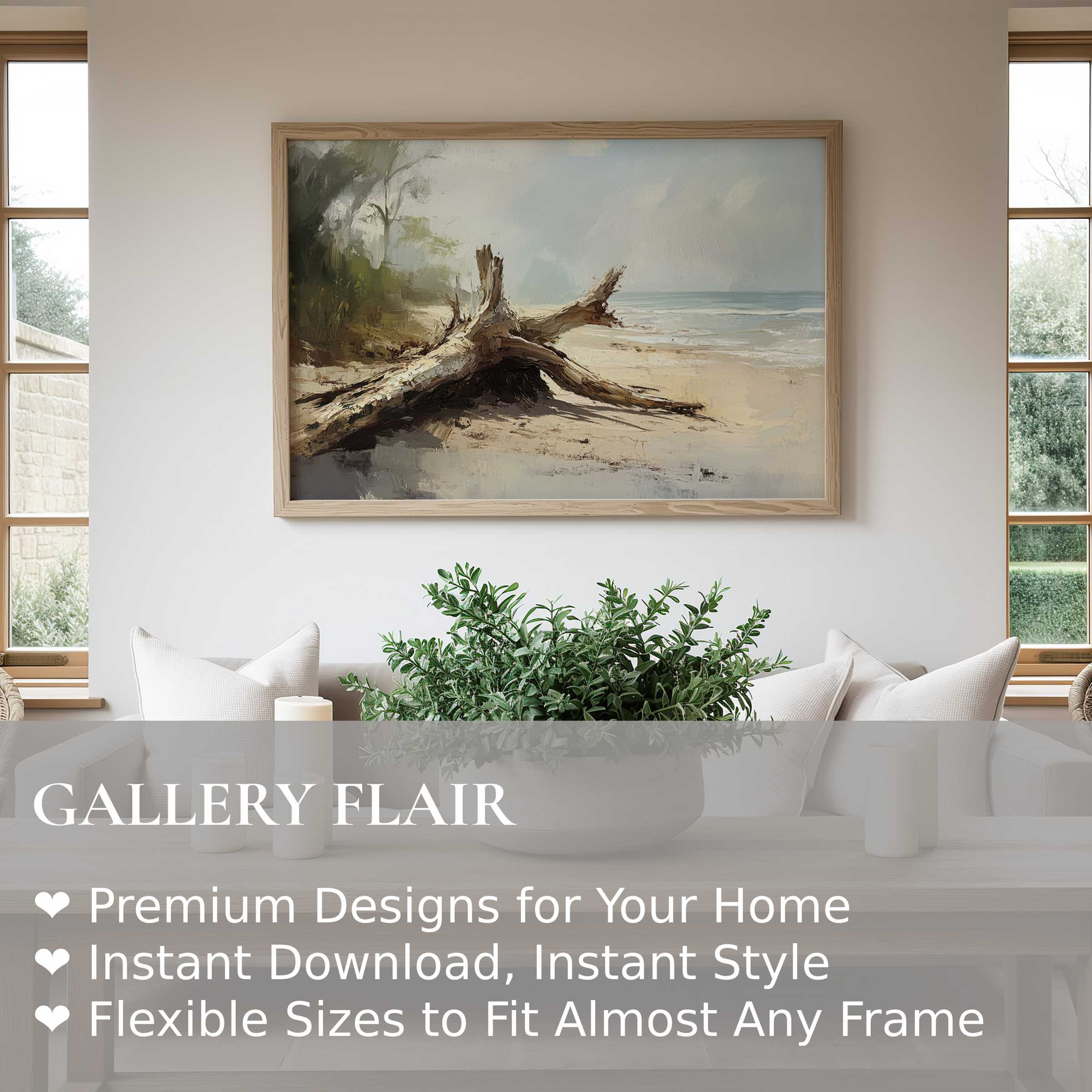 Calming beach wall art print featuring a textured driftwood scene in soft neutrals, enhancing serene modern coastal interiors