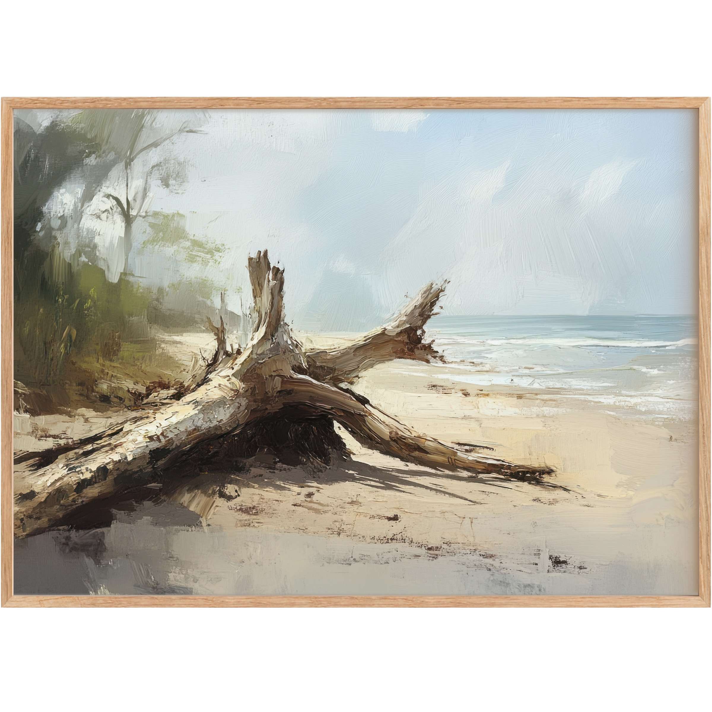 Serene beach printable wall art featuring weathered driftwood and soft sandy tones, evoking tranquil coastal calm