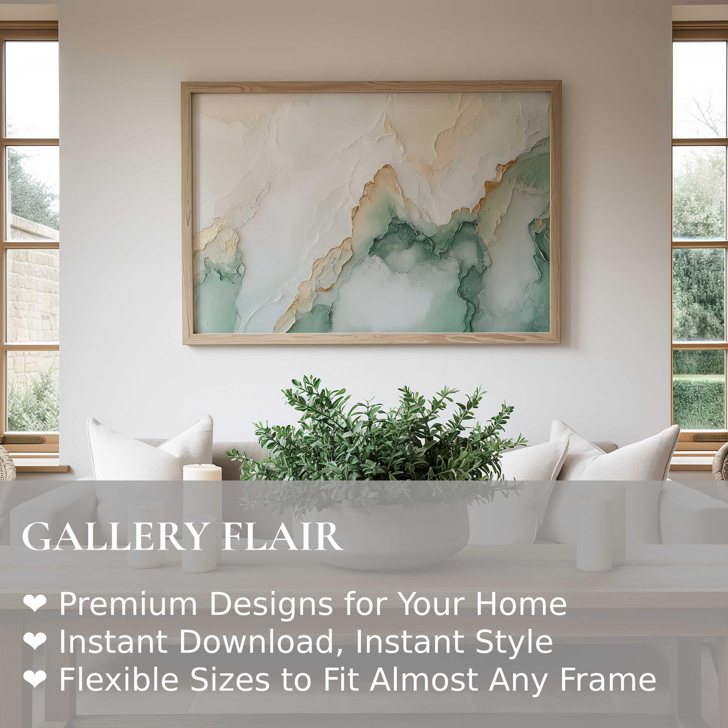 Neutral wall art print featuring soft, flowing textures in muted greens and creams, elevating serene modern interiors with calming, organic elegance