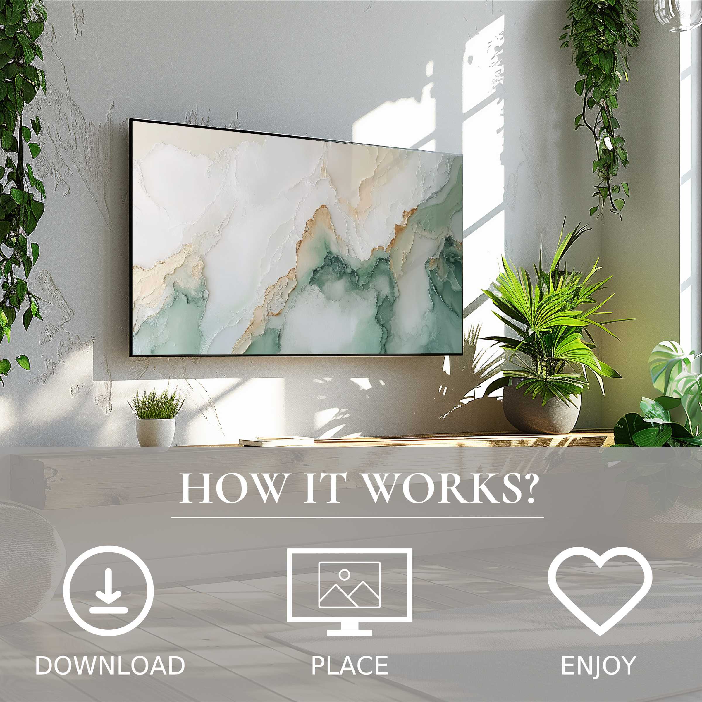 Neutral art for Samsung TV shows soft green and beige color flow, easy digital download to enrich modern living spaces