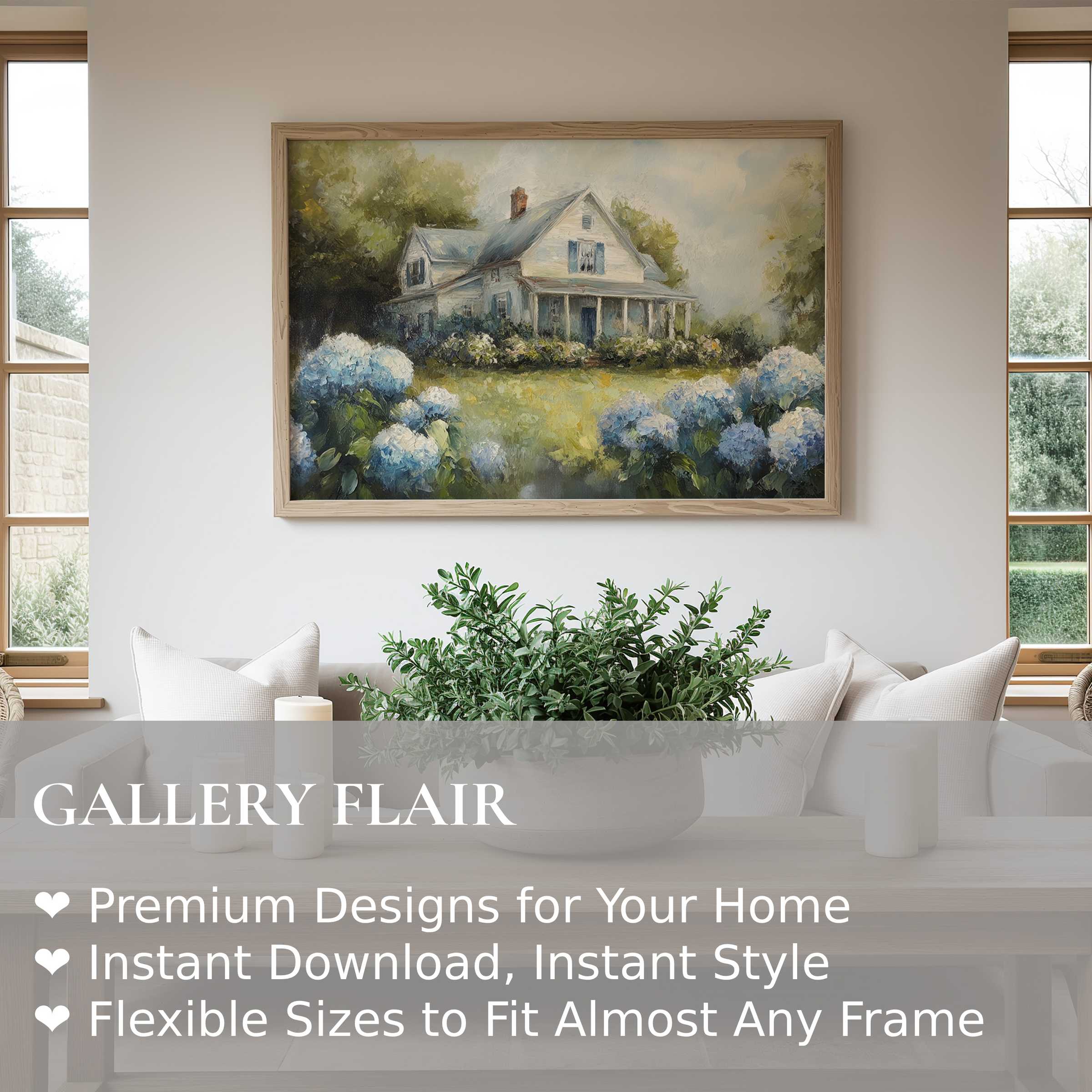 Farmhouse wall art print capturing a serene countryside home with soft hydrangeas, enhancing modern rustic interiors with calming charm