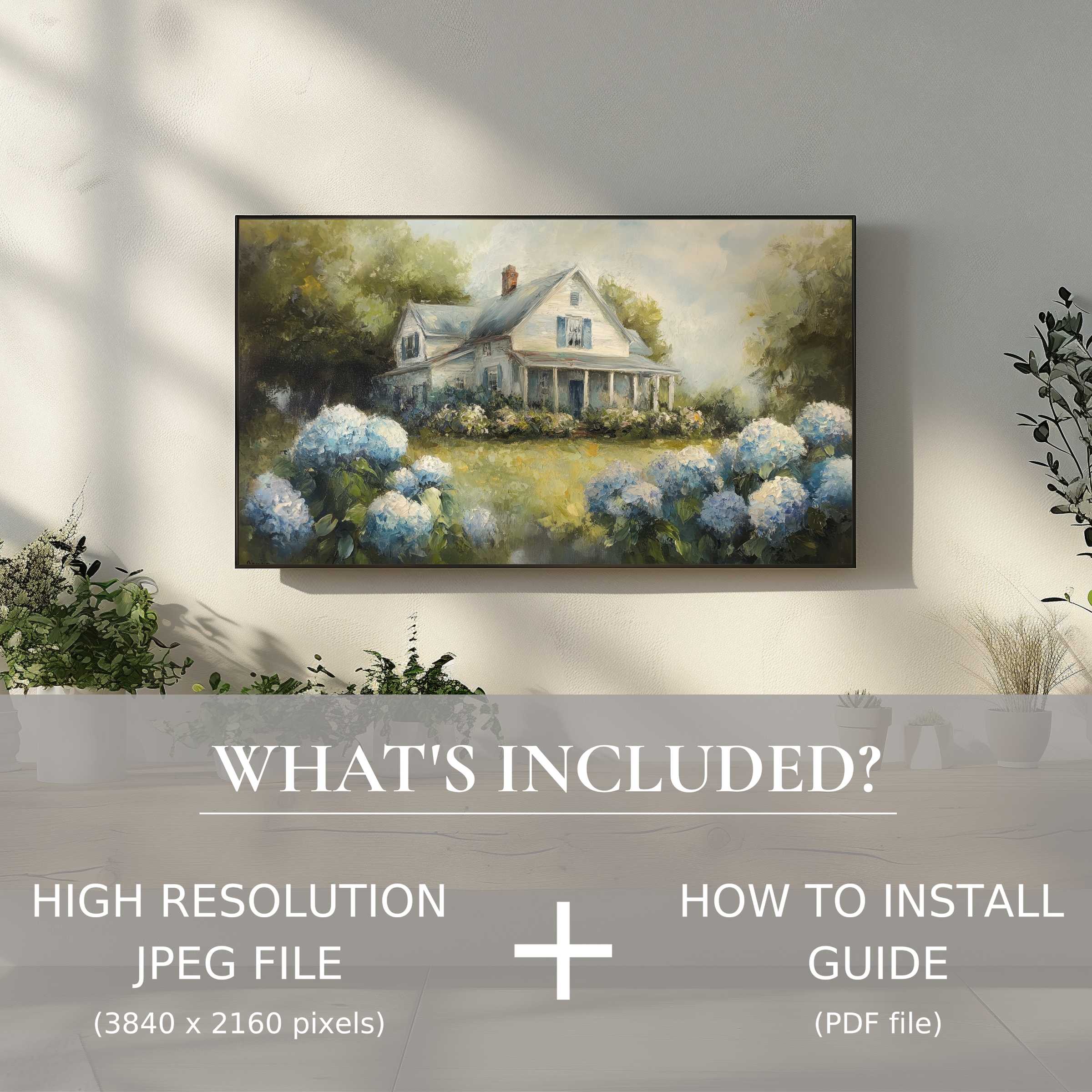 Elegant farmhouse digital TV art download with easy use, enhancing living spaces with serene high-res floral home scenes