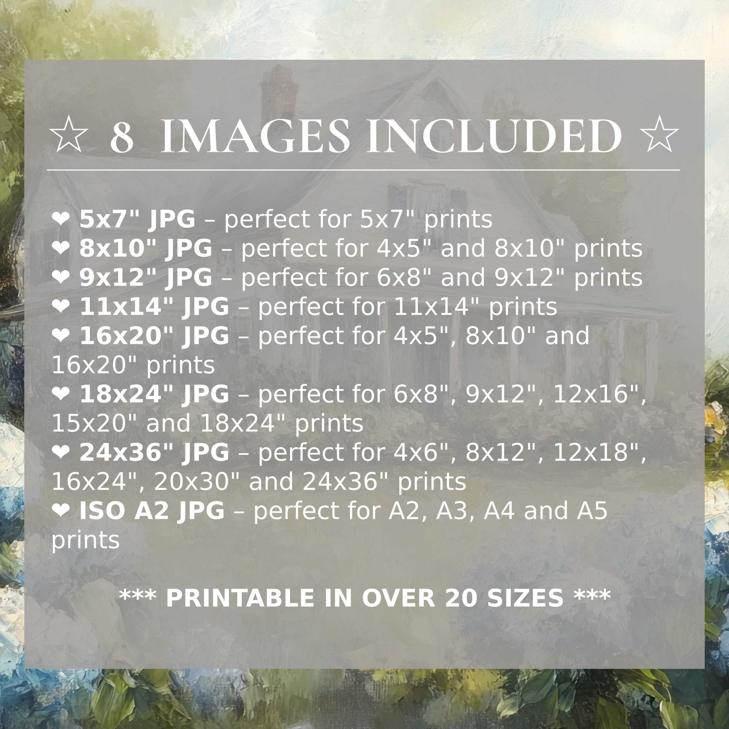 Farmhouse digital print with serene greens and soft neutrals, offering 8 high-quality sizes for versatile, elegant interior styling