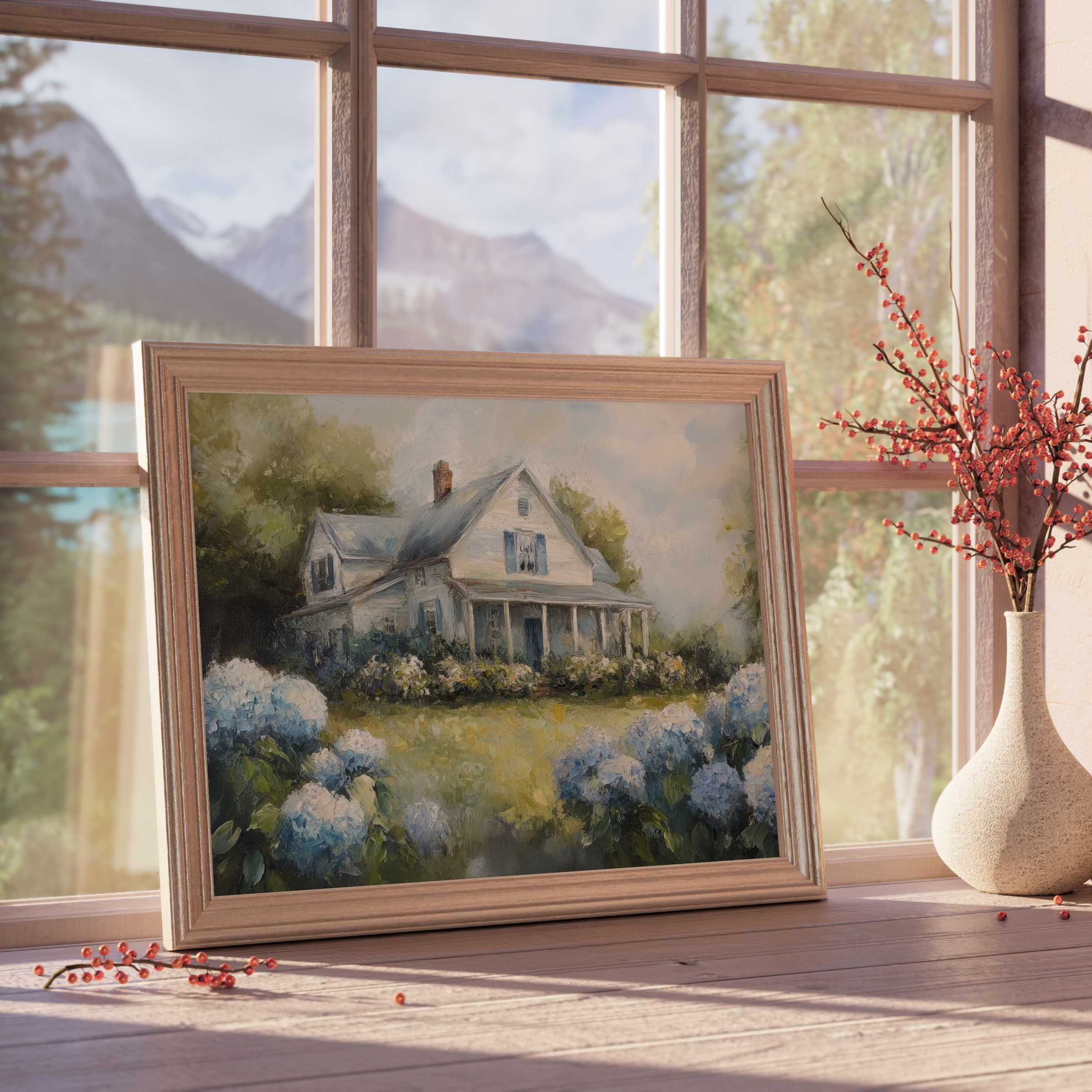 Farmhouse downloadable art capturing serene rustic charm with soft hydrangeas, natural light, and warm, inviting tranquility