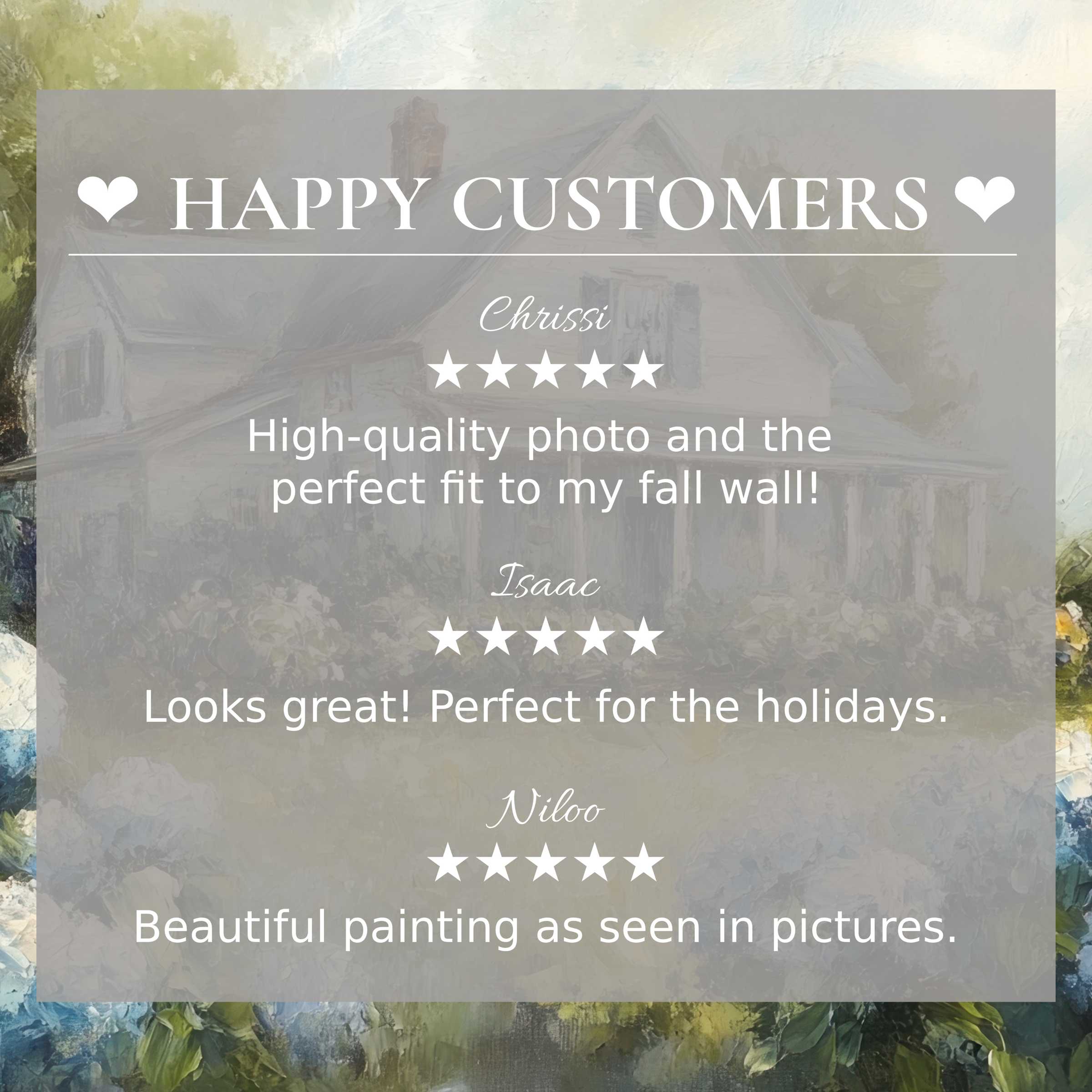 Farmhouse art for Frame TV with abstract sunset hues, showcasing happy customer reviews and elegant, trust-building design