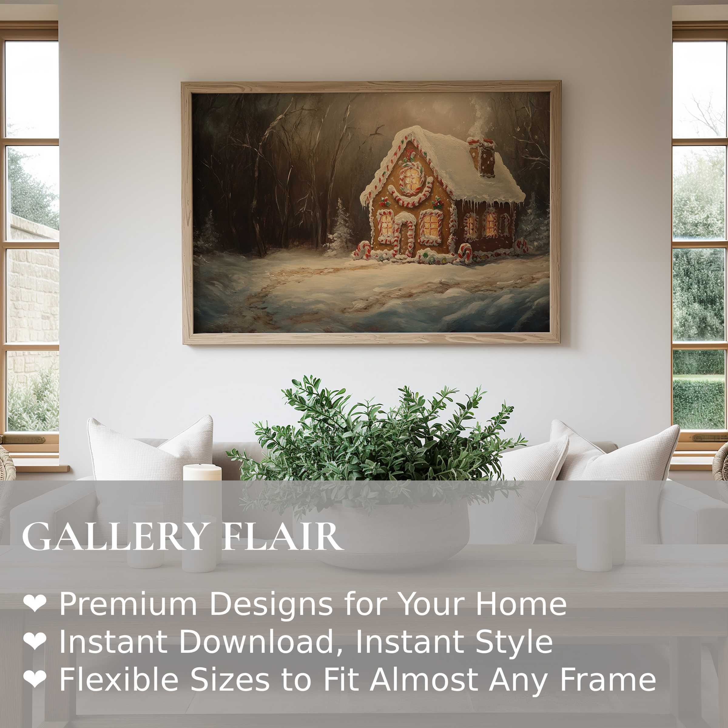 Christmas wall art print of a glowing gingerbread cottage in softly lit snowy woods enhances cozy, modern farmhouse interiors with warm, festive charm