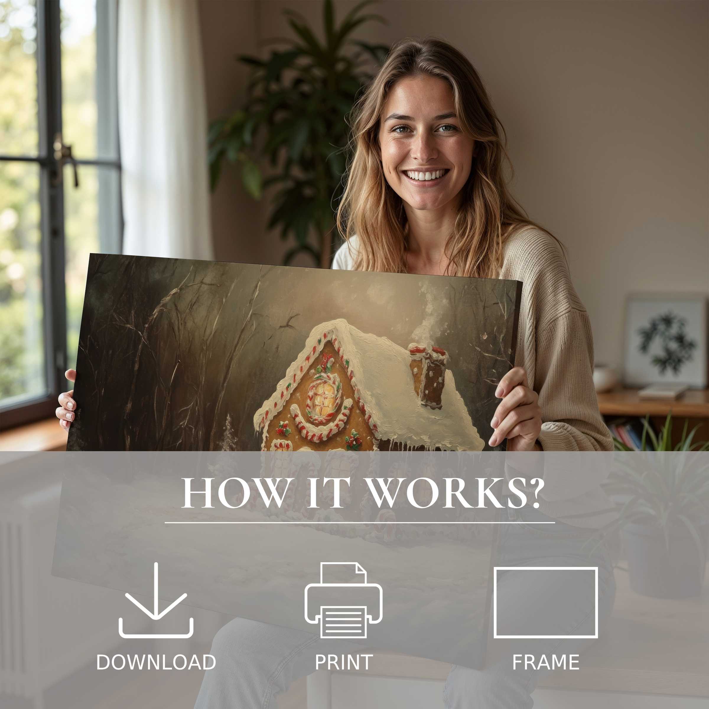 A radiant woman shares a warm Christmas digital art print in a tranquil, stylish home, celebrating the joy of living with effortless, elegant art