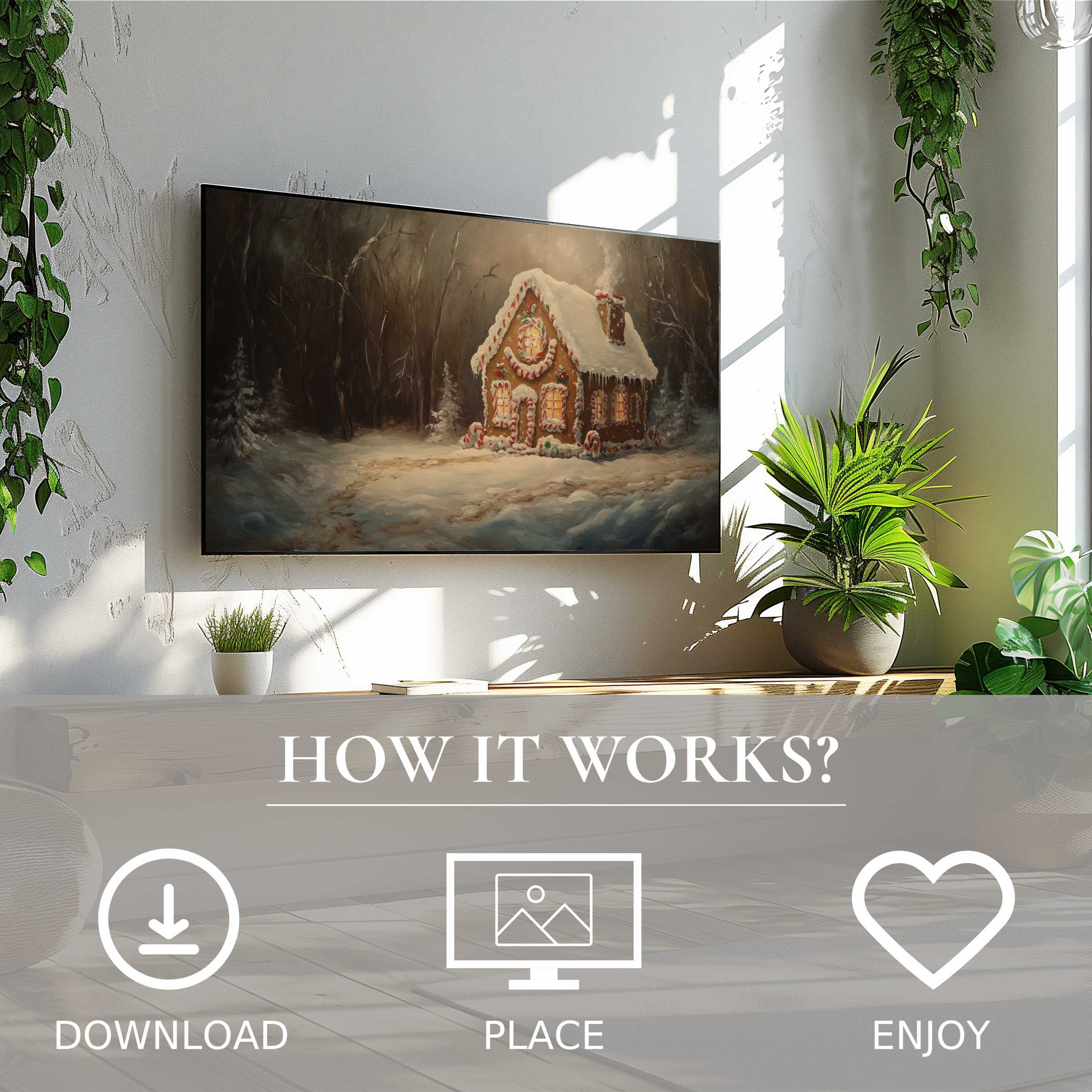 Cozy gingerbread house Christmas art for Samsung TV, easy digital download enriches modern living spaces