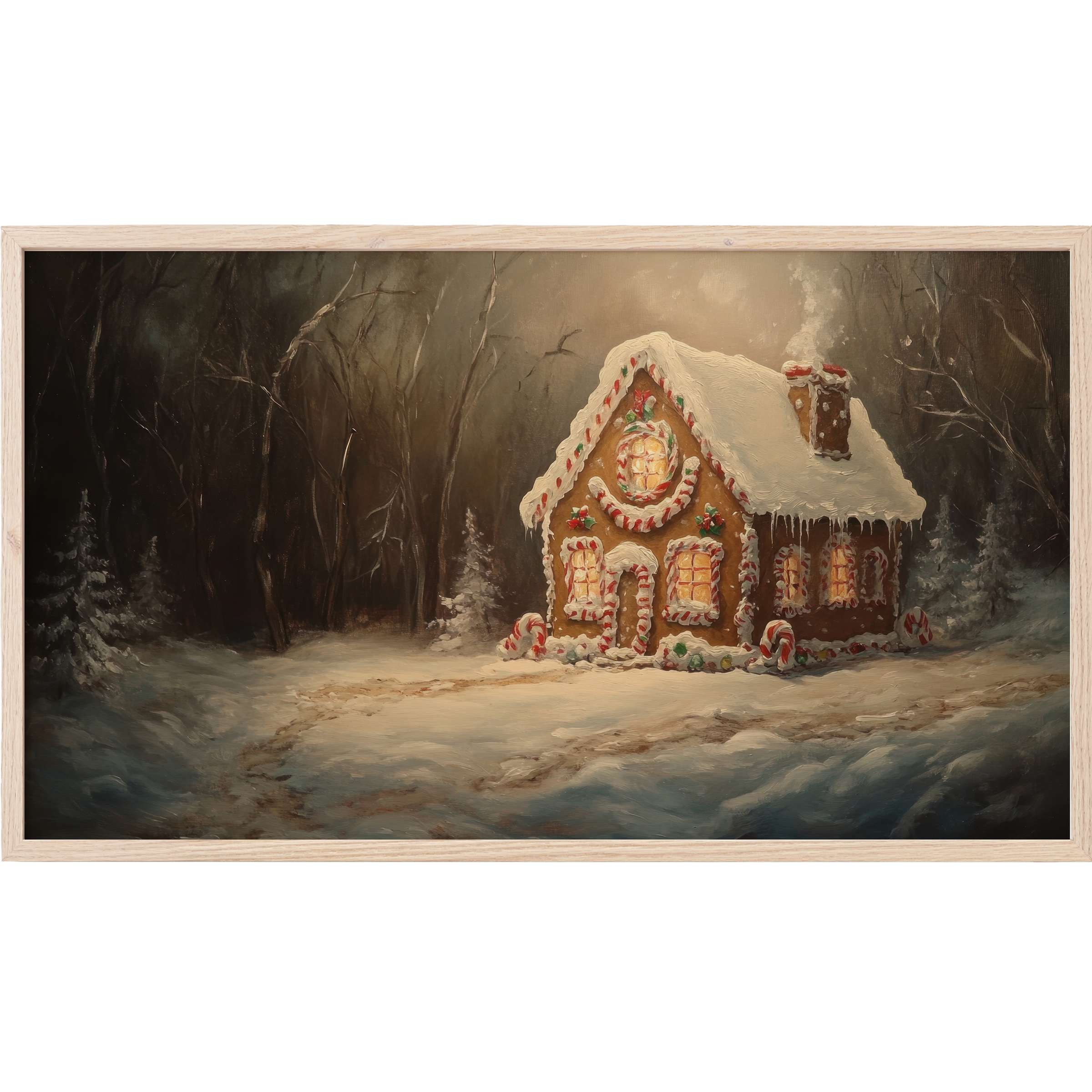 Warmly lit gingerbread house in snowy forest at dusk, rich textures and muted earthy tones, christmas Frame TV Art