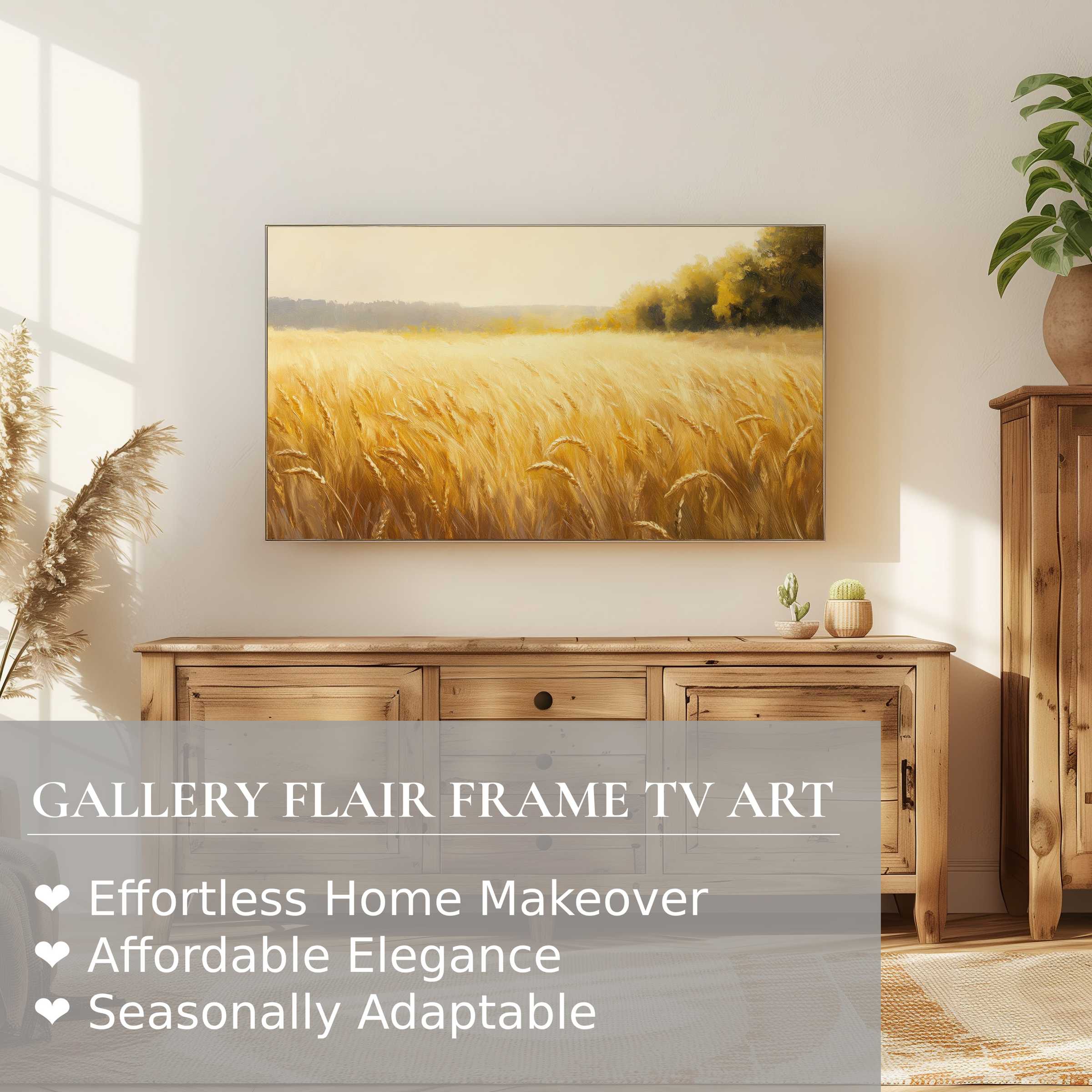 Elegant Samsung Frame TV showcasing warm landscape digital artwork in a cozy, modern wooden interior setting