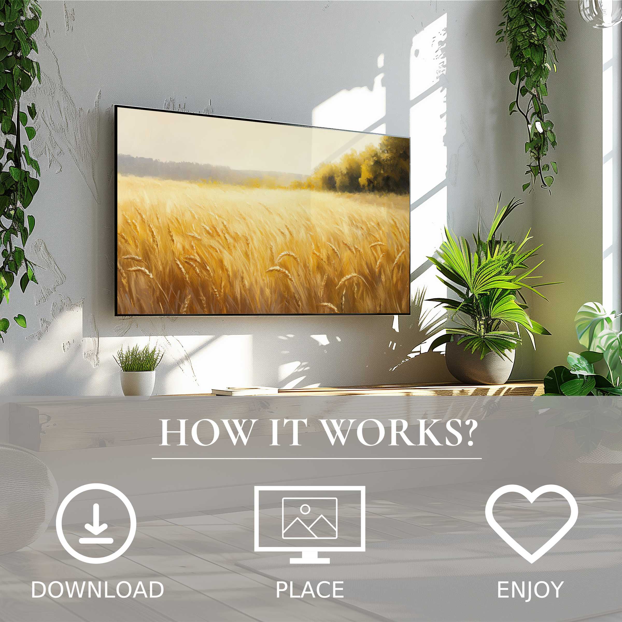 Modern living room with landscape art for Samsung TV, soft golden wheat field tones; easy digital download enriches space