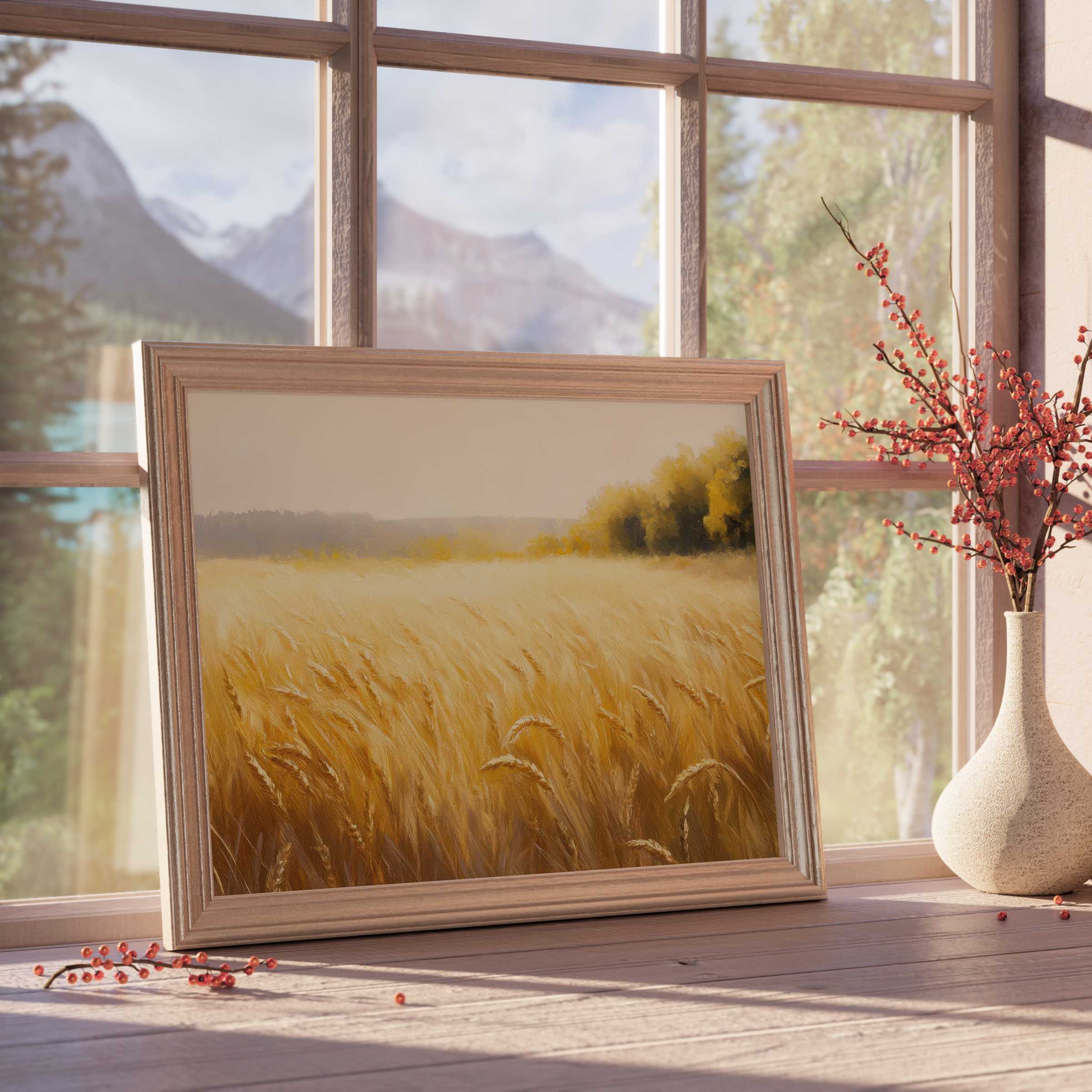 Golden wheat fields bathed in soft light, a landscape downloadable art piece elevating tranquil, curated luxury interiors