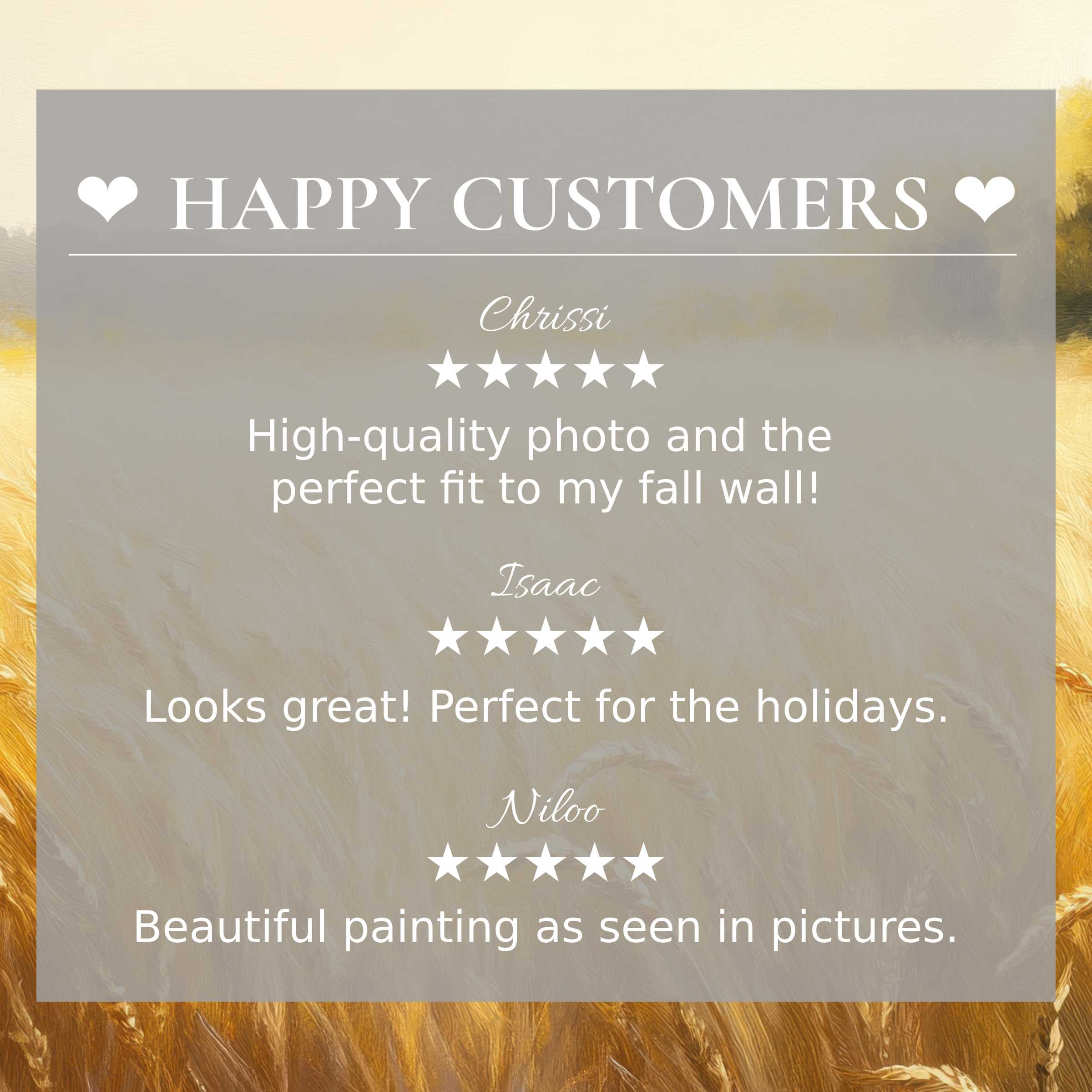 Refined layout with abstract sunset colors showcasing happy customer reviews and elegant landscape art for Frame TV