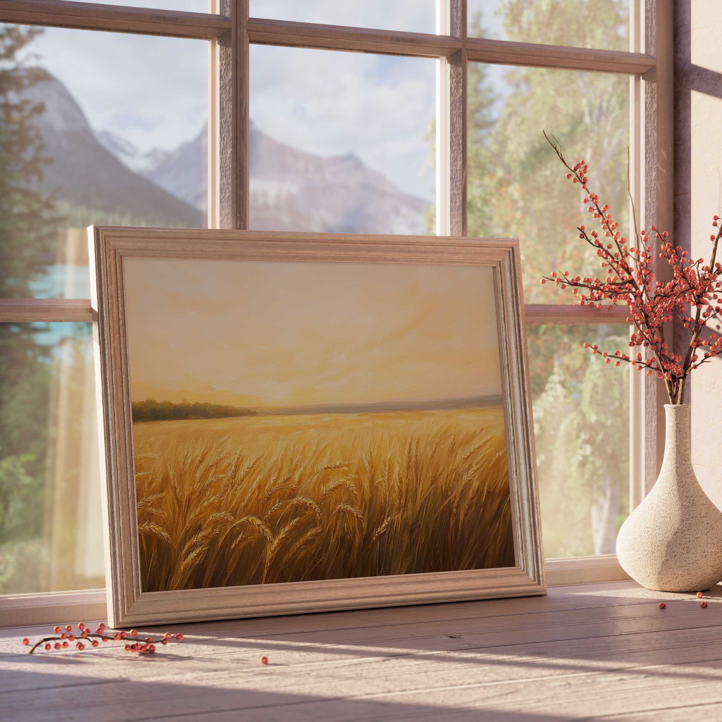 Warm, tranquil summer downloadable art capturing golden wheat fields bathed in soft sunlight, elevating elegant, curated interiors