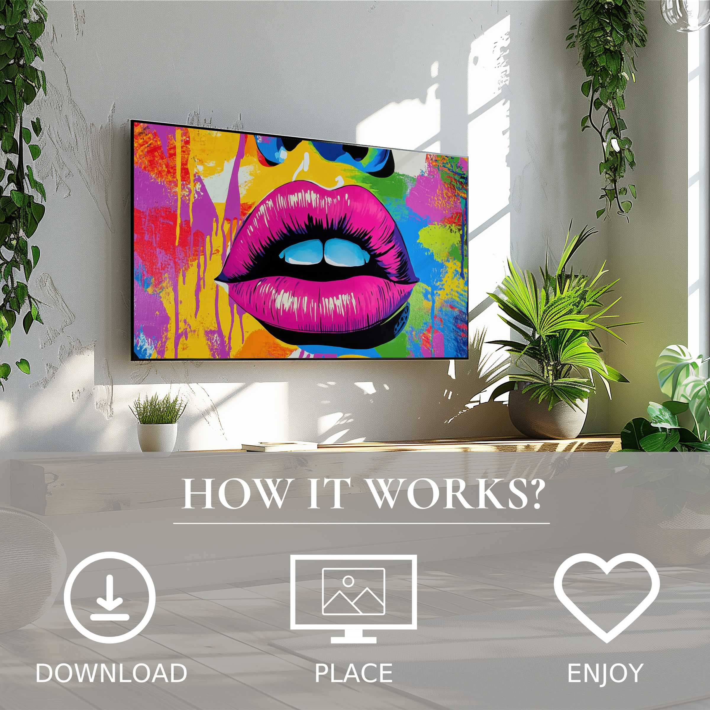 Pop art art for Samsung TV with vibrant lip motif, easy digital download, adds bold color flow to modern spaces