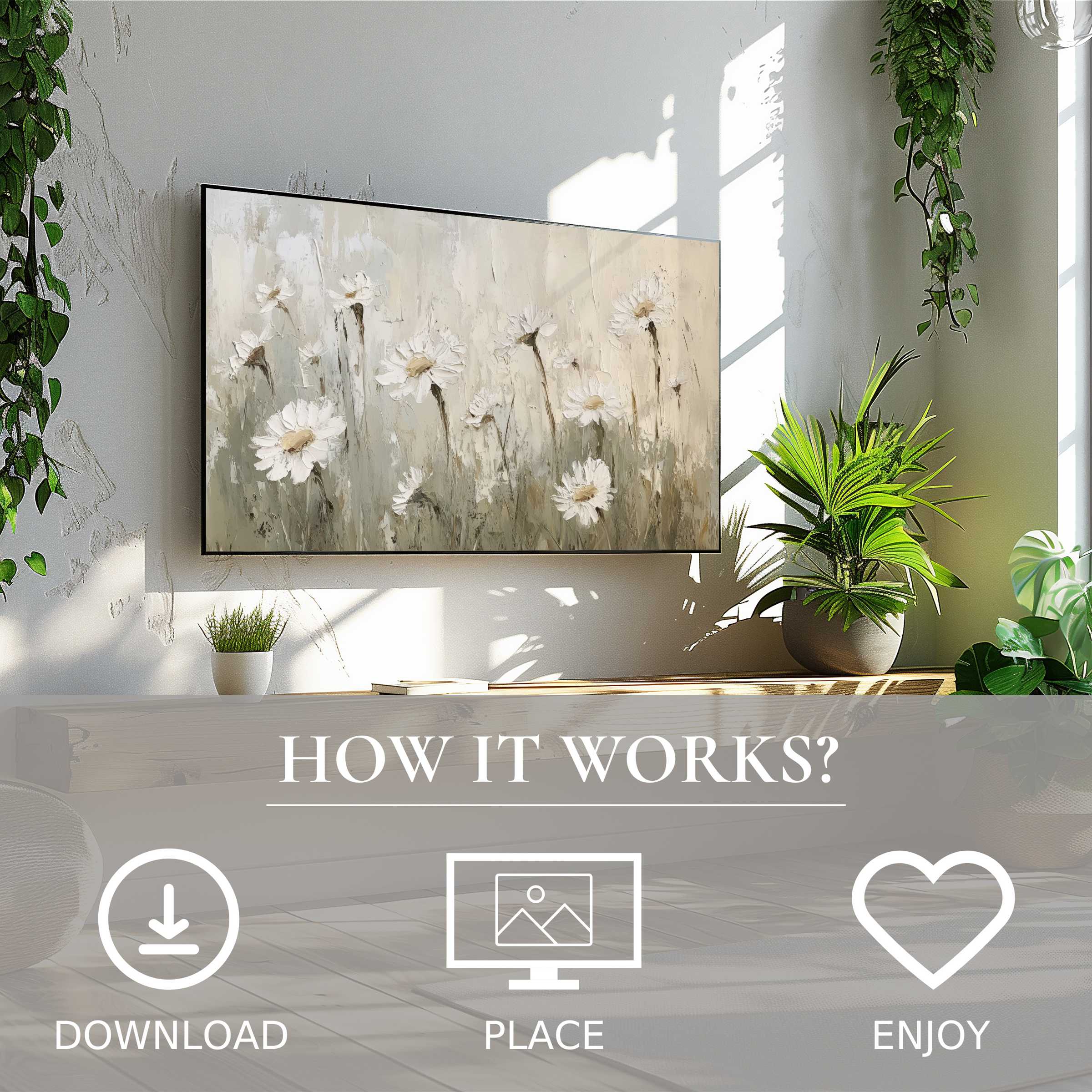 Vintage art for Samsung TV shows soft muted floral tones; easy digital download enriches your stylish living space