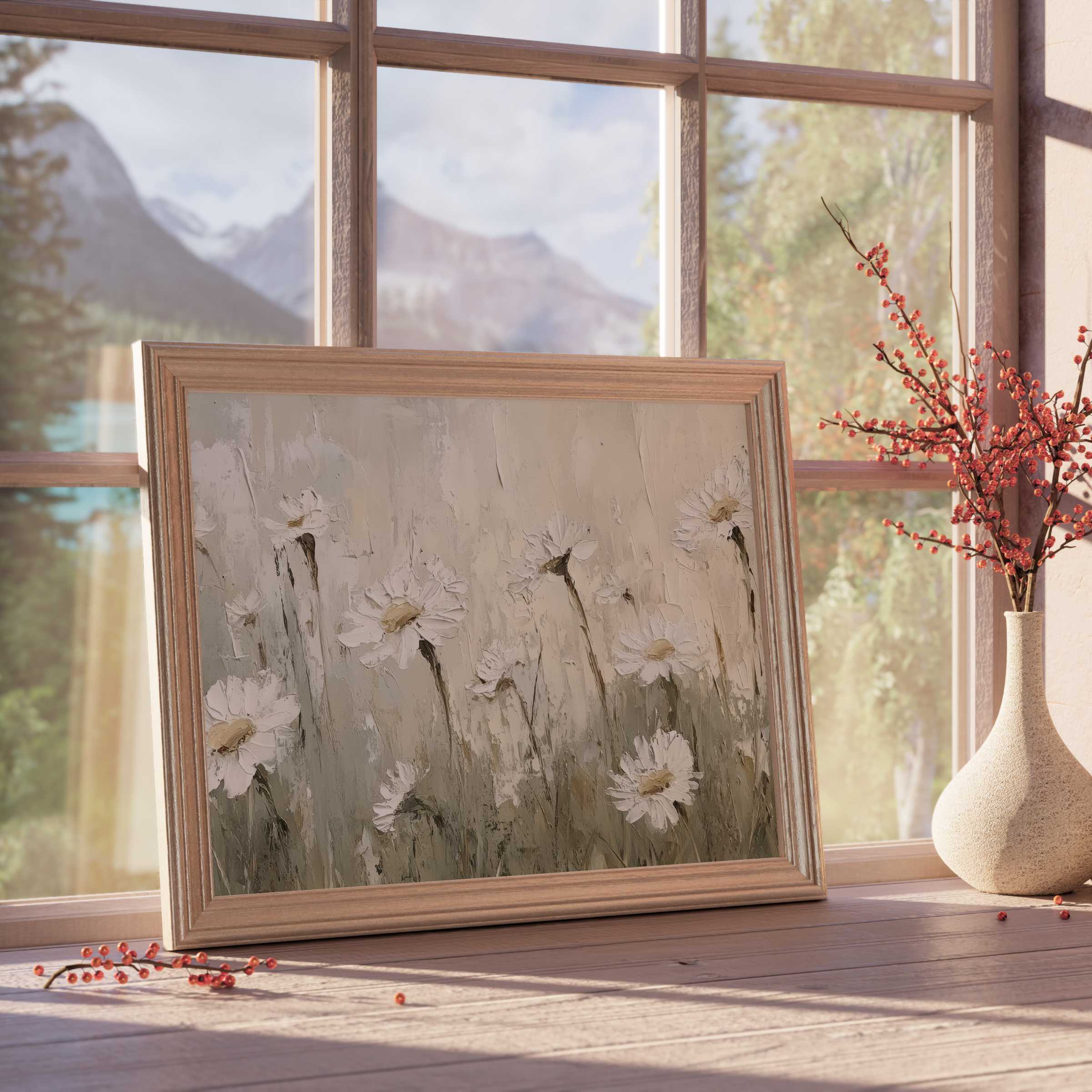 Vintage downloadable art of textured daisies in muted tones, enhancing serene, curated interiors with timeless elegance and rustic charm