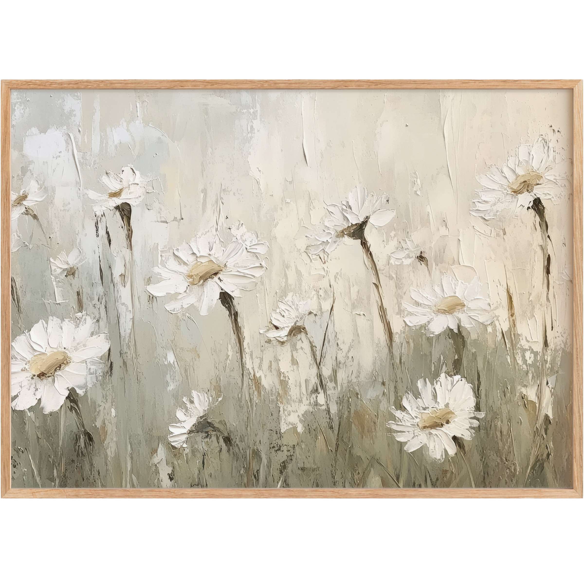 Elegant vintage printable wall art featuring soft white daisies in muted beige and sage tones, evoking a serene, timeless ambiance
