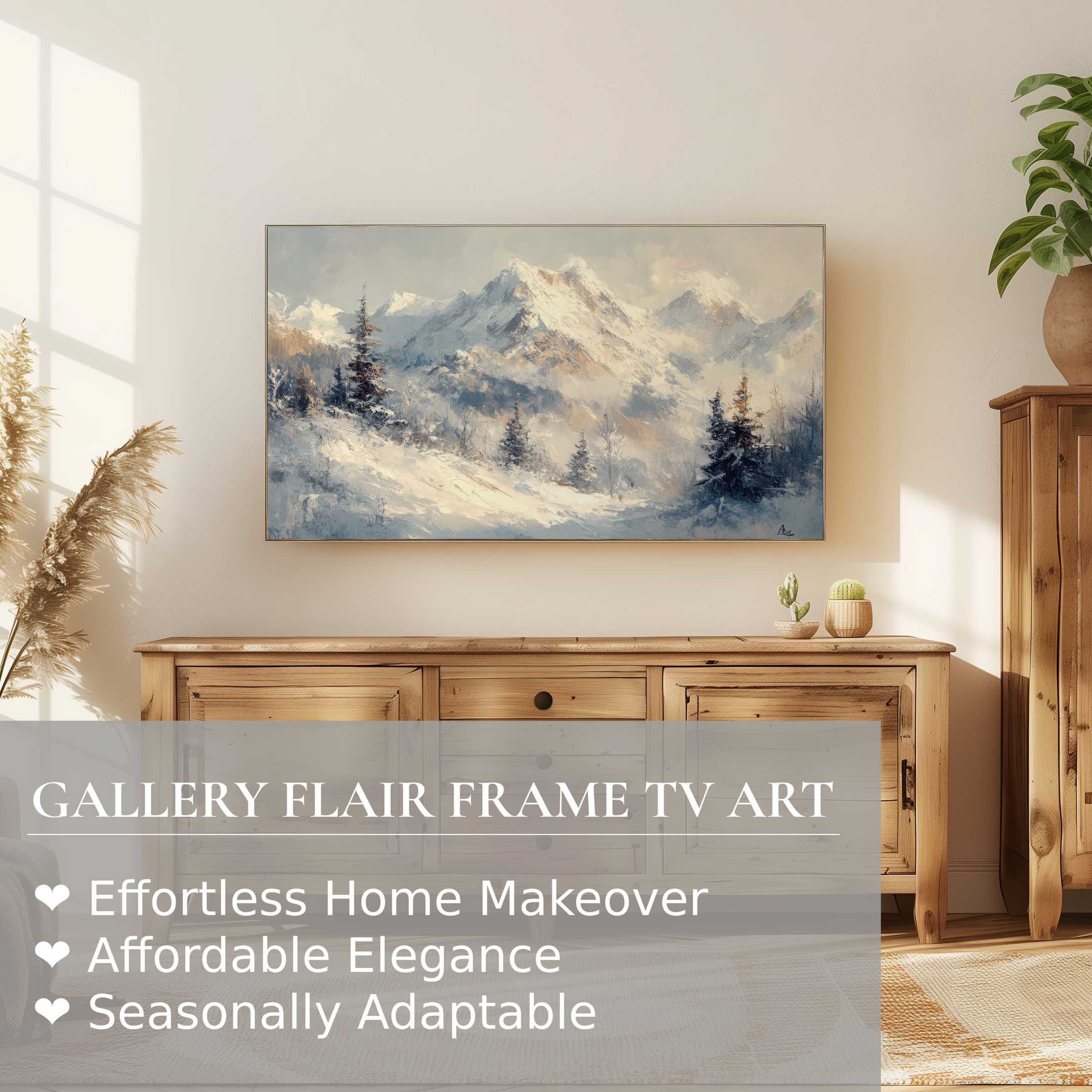 Samsung Frame TV displaying serene, impressionistic winter digital artwork in a modern, cozy living space