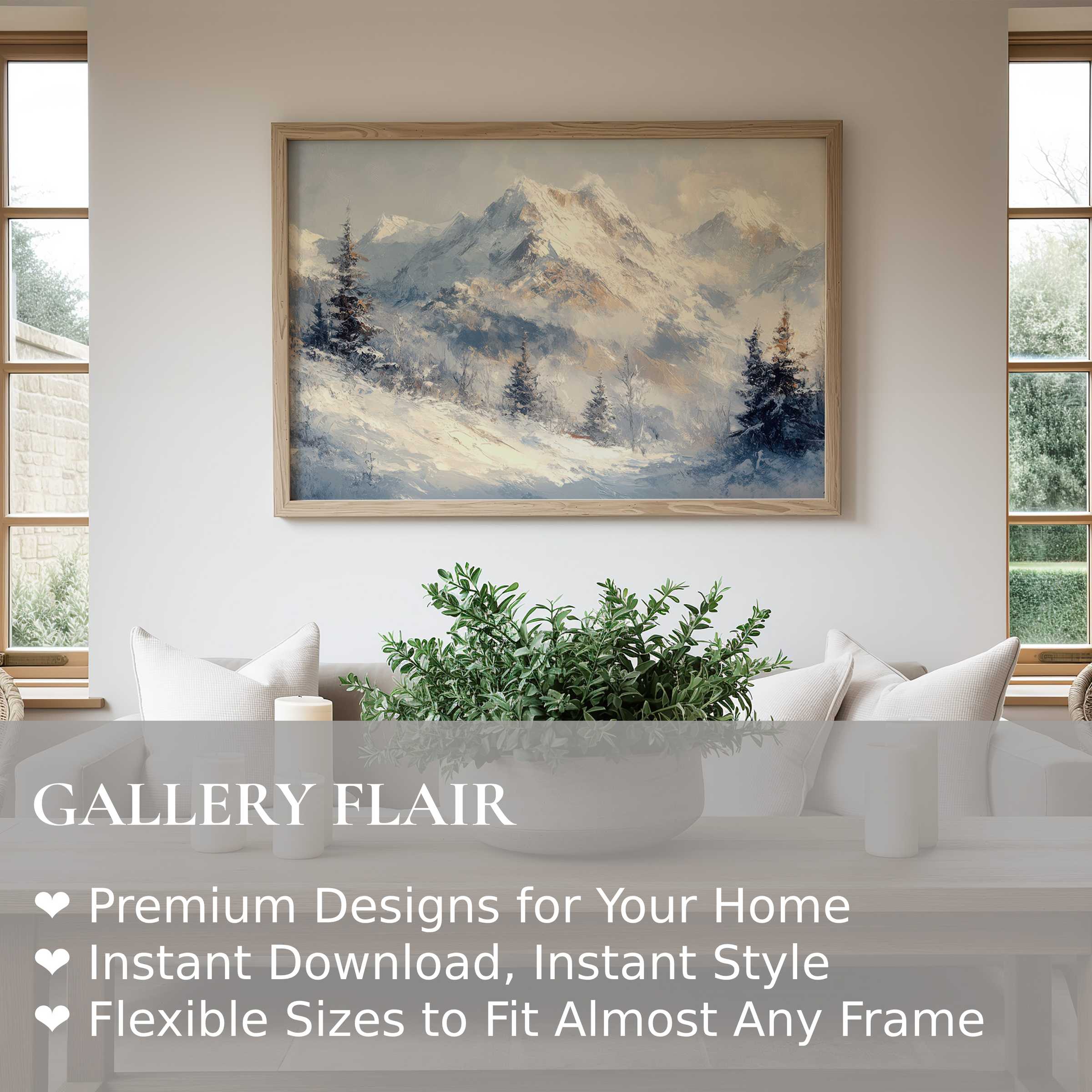 Winter wall art print featuring a serene snowy mountain landscape in a modern Scandinavian living room, adding calming elegance and cozy charm