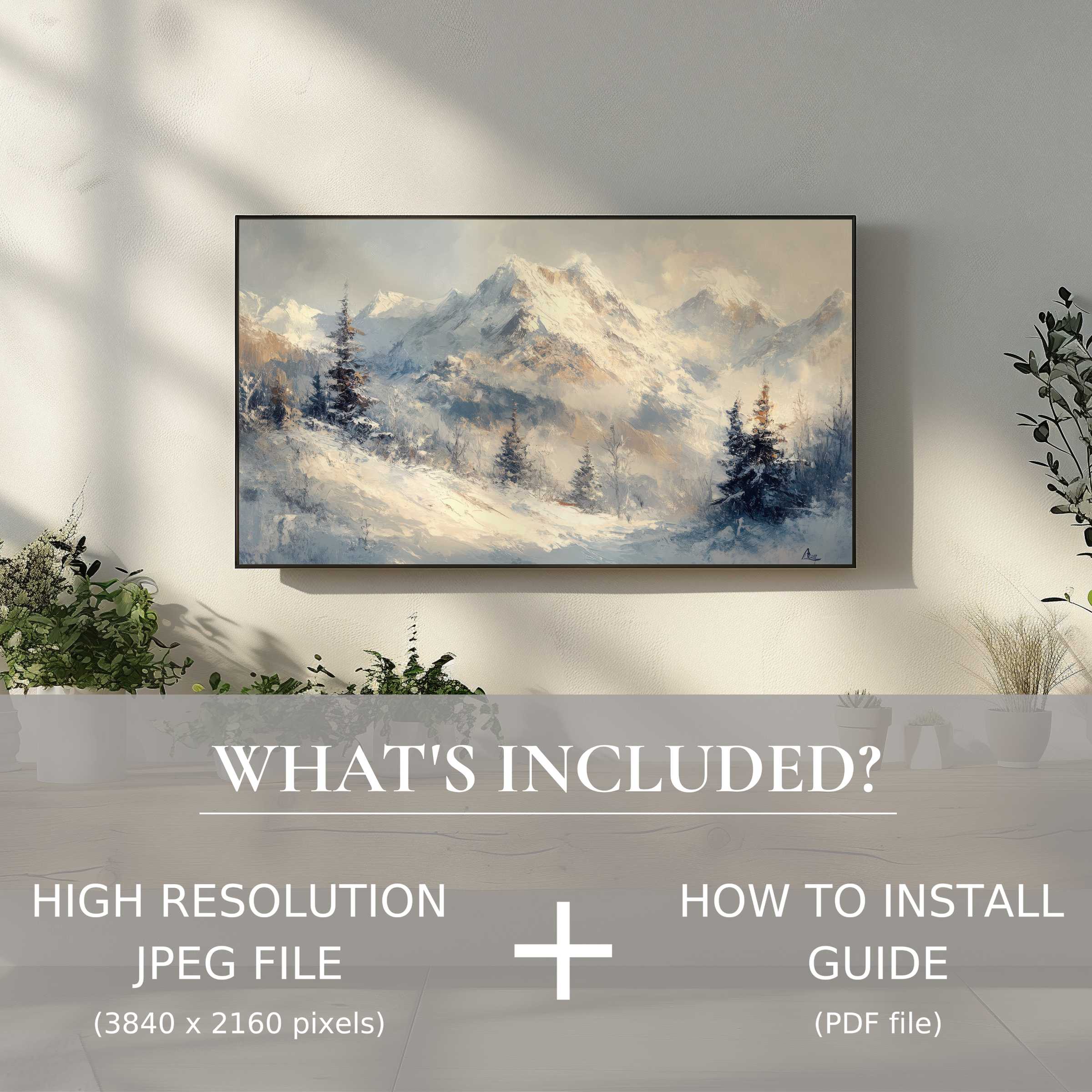Elegant winter digital TV art download, easy to use, enhancing modern living spaces with serene mountain scenery
