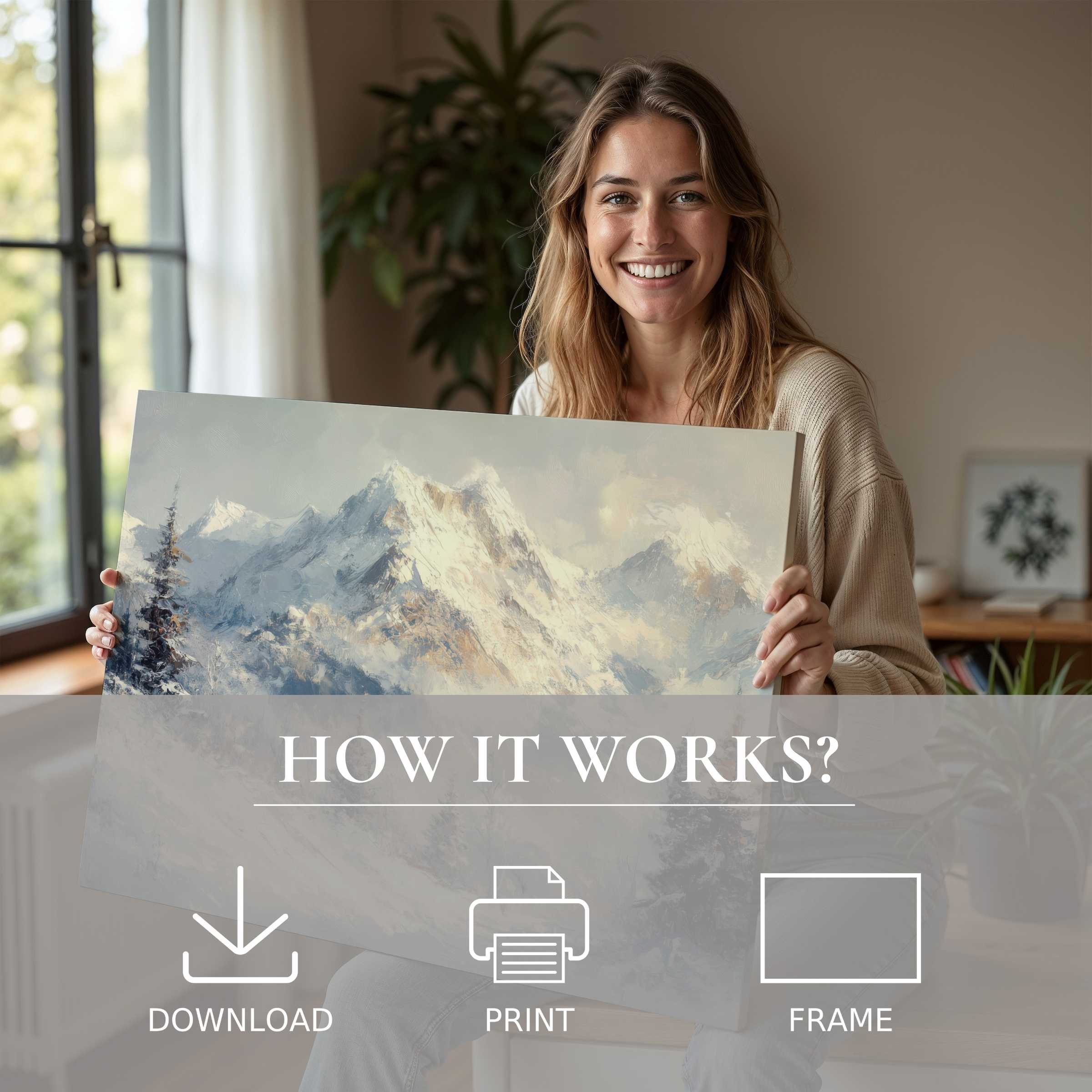 Radiant winter digital art print embraced in a sunlit modern home, inspiring serene joy and effortless elegance