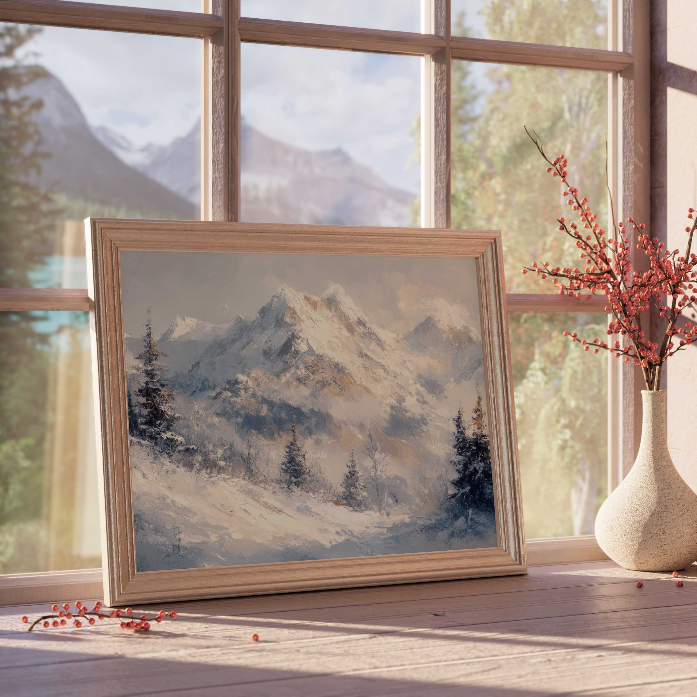 Winter downloadable art capturing serene snow-clad mountains framed by warm wood, enhancing tranquil, curated interiors with elegant alpine calm