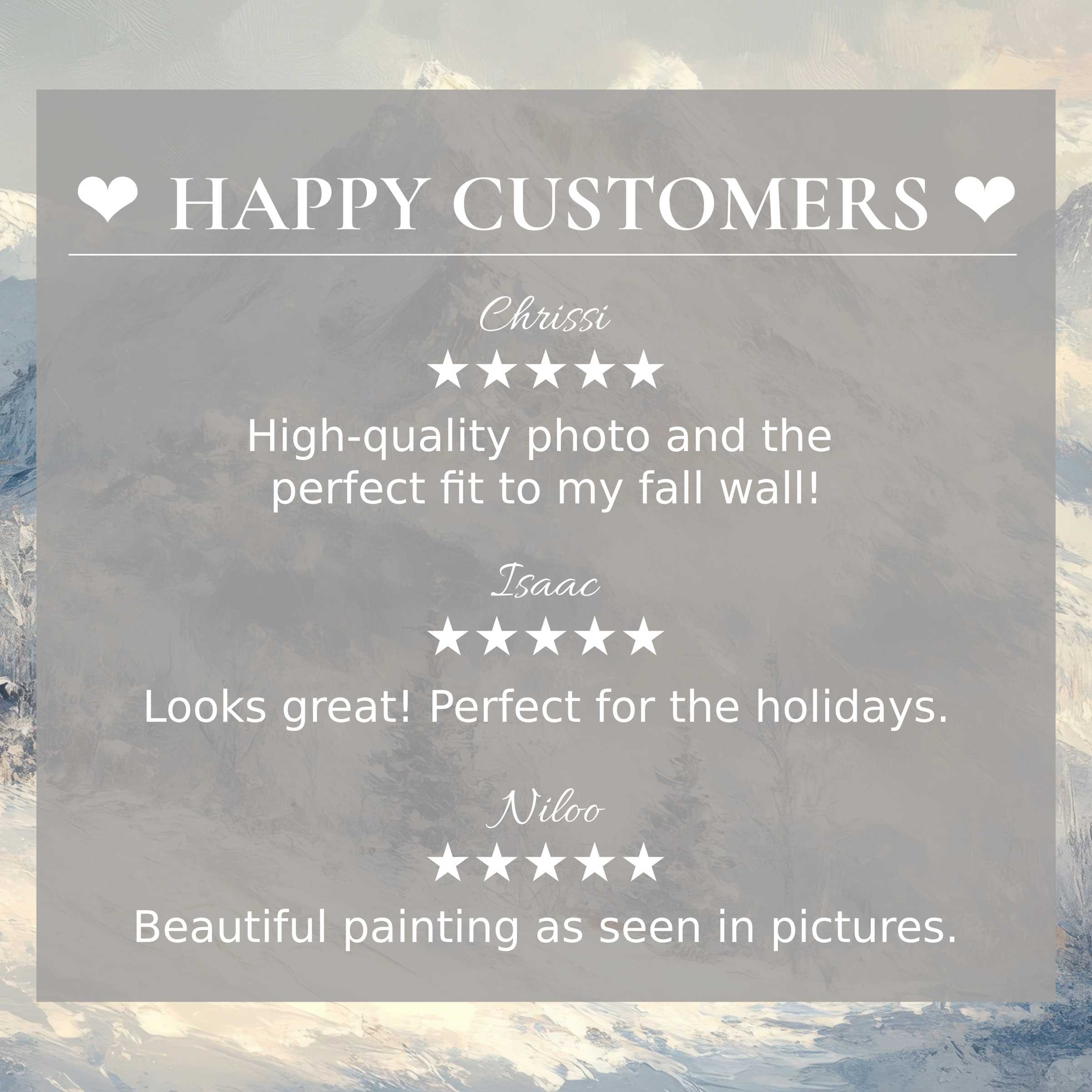 Winter art for Frame TV featuring serene mountain hues; layout inspires trust with elegant design and happy customer reviews