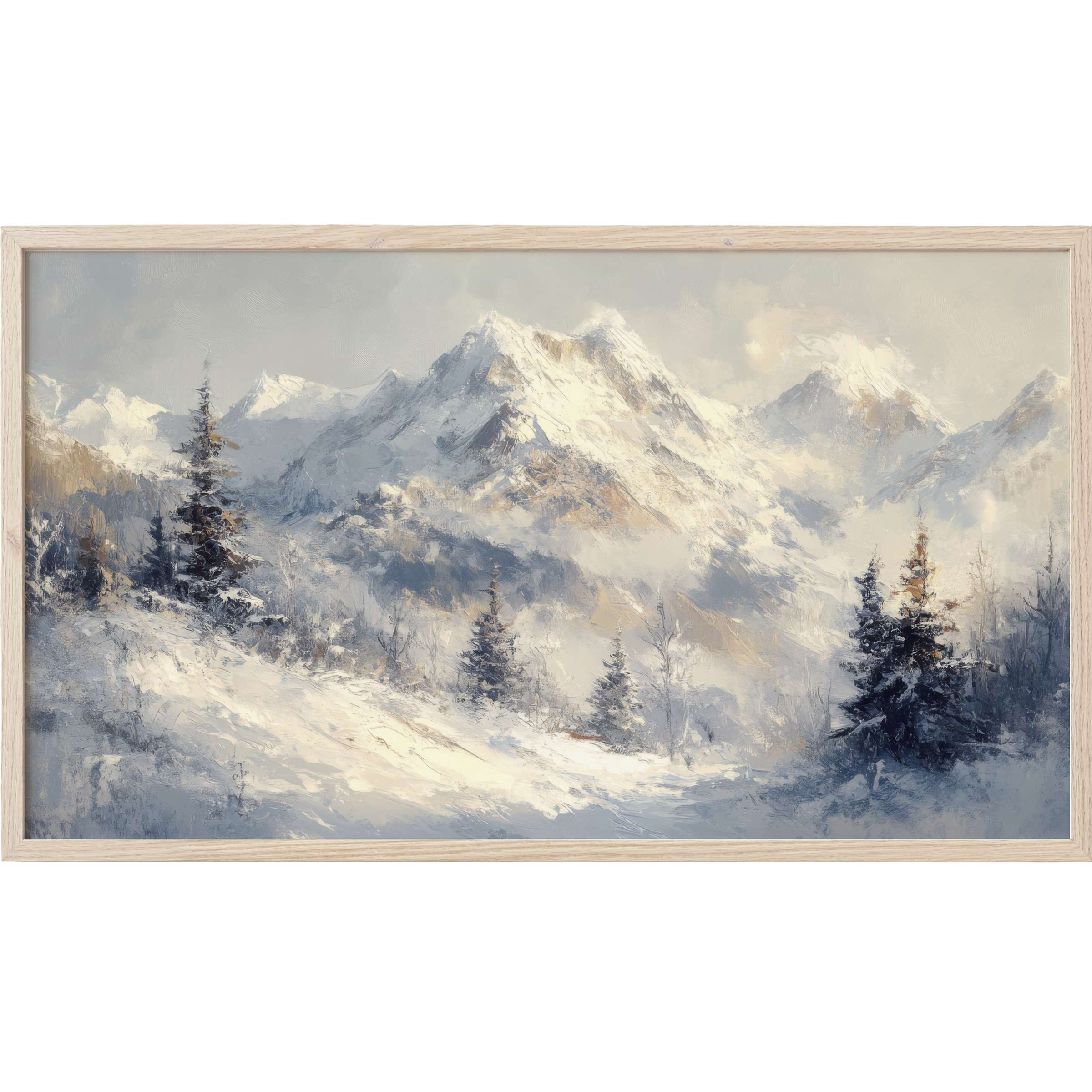 Elegant winter mountain landscape in muted blues and creams with textured brushstrokes, winter Frame TV Art