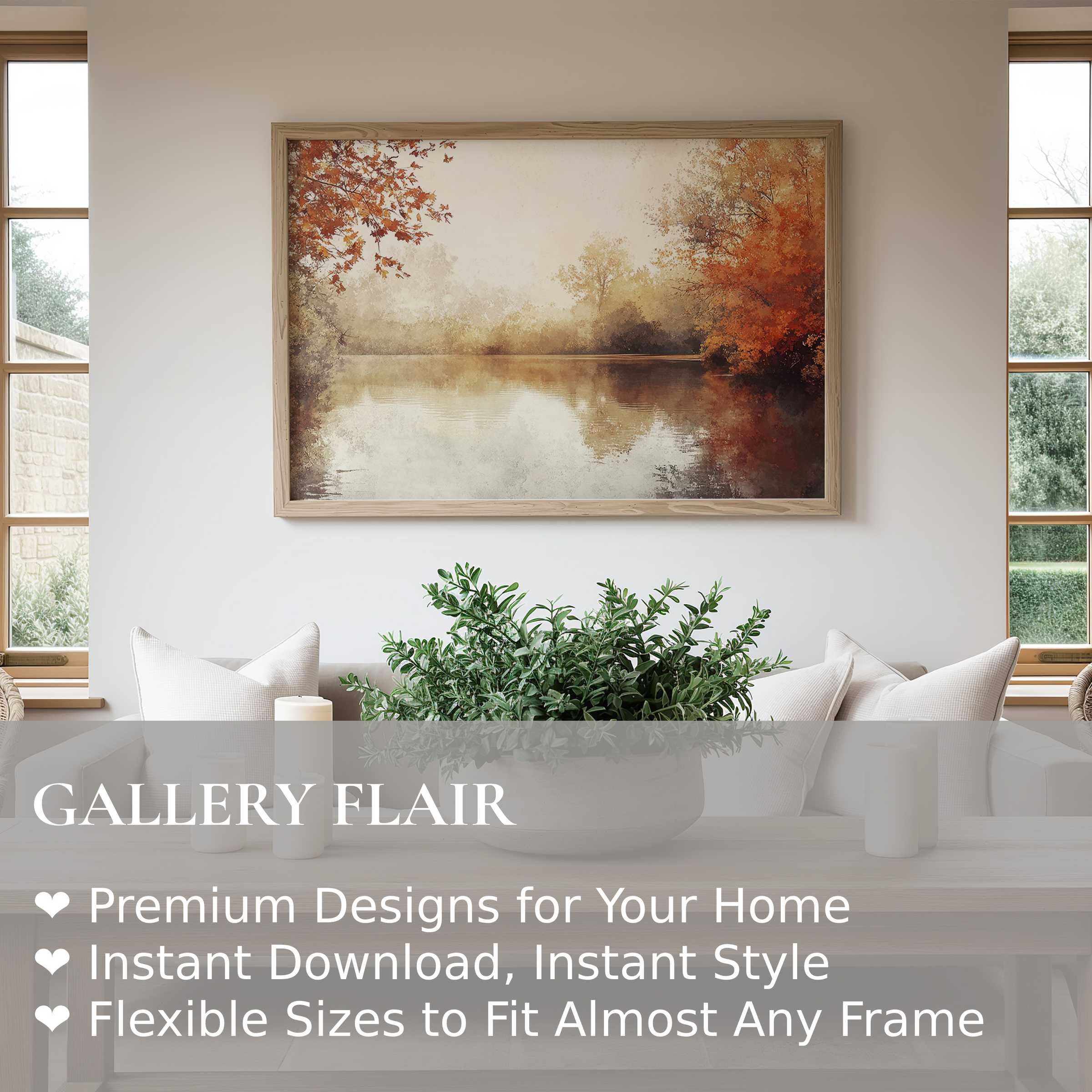 Fall wall art print featuring a serene lakeside scene with radiant amber and rust tones, enhancing minimalist modern interiors with warm elegance