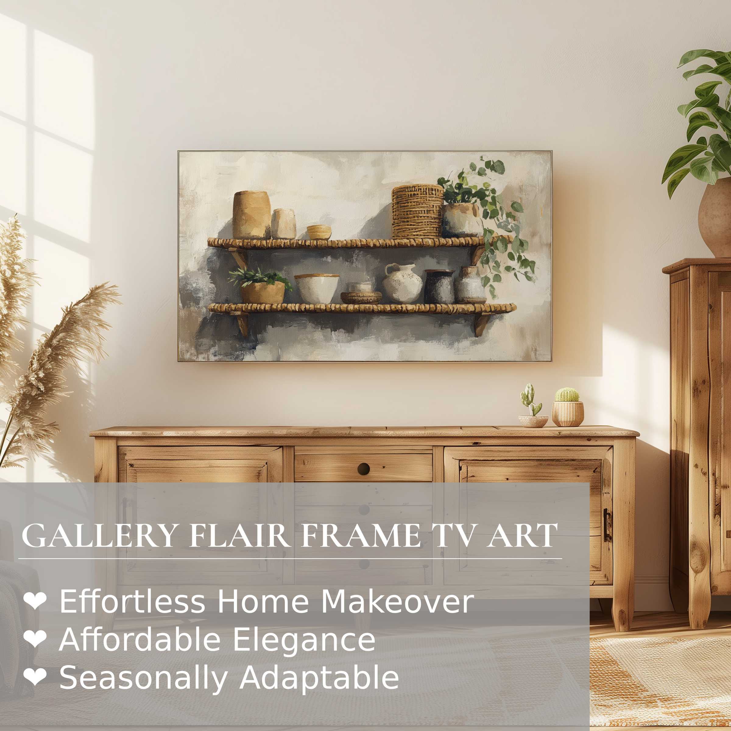 Samsung Frame TV displaying boho digital artwork of rustic shelves with ceramics in a warm, elegant living space