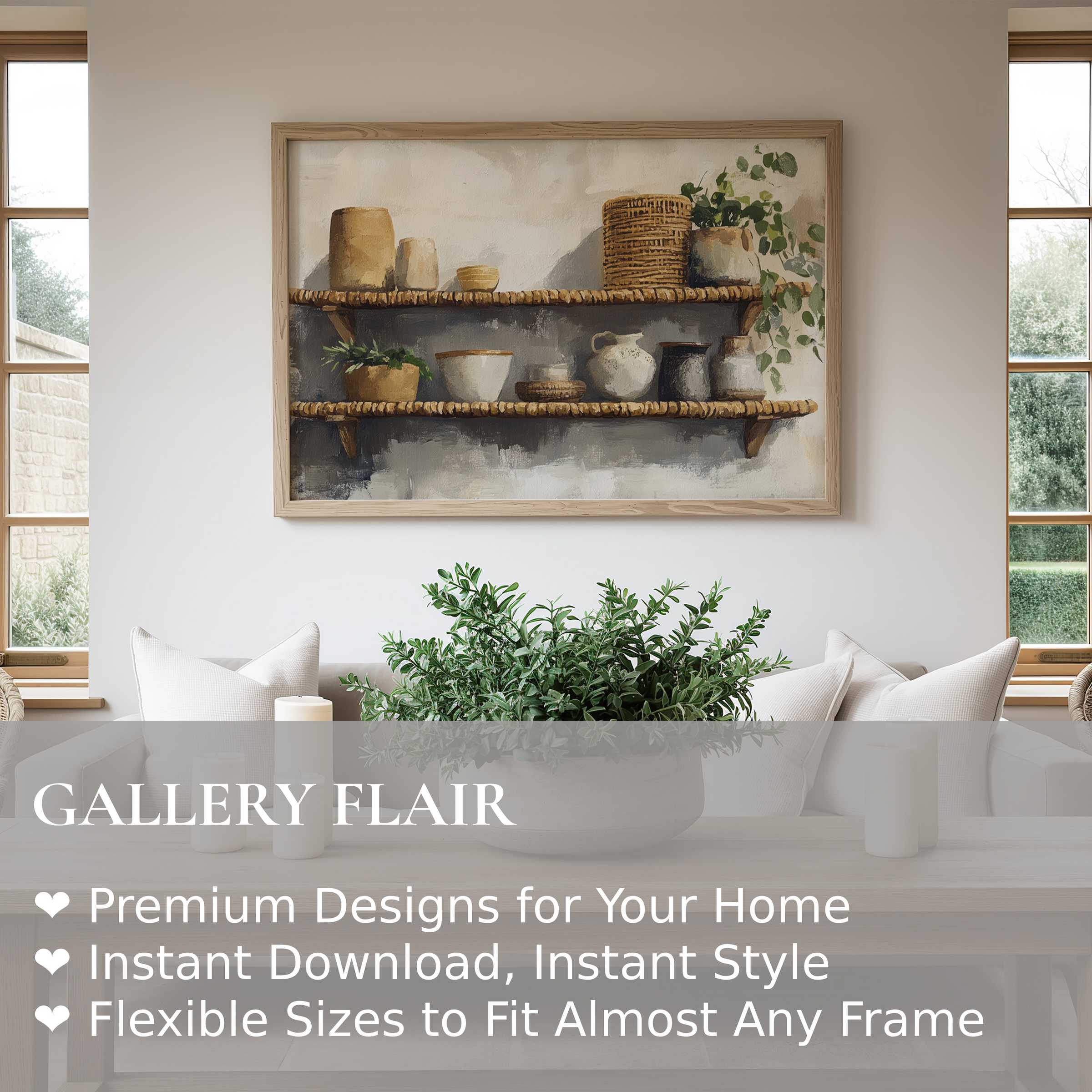 Boho wall art print featuring textured earth-toned ceramics on rustic shelves, enhancing serene, modern farmhouse interiors