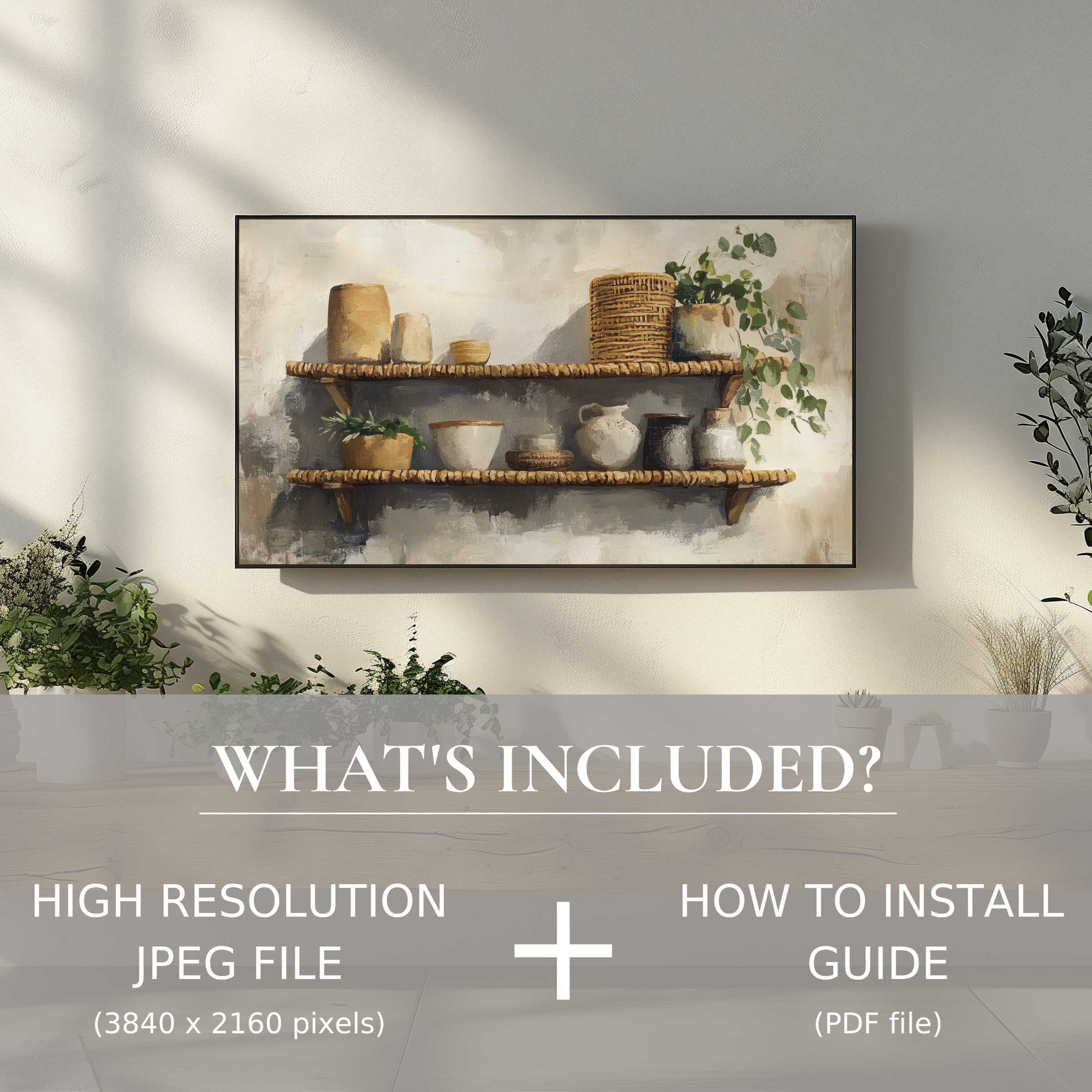 Boho digital TV art download for effortless style, enhancing living spaces with elegant, modern botanical shelf imagery