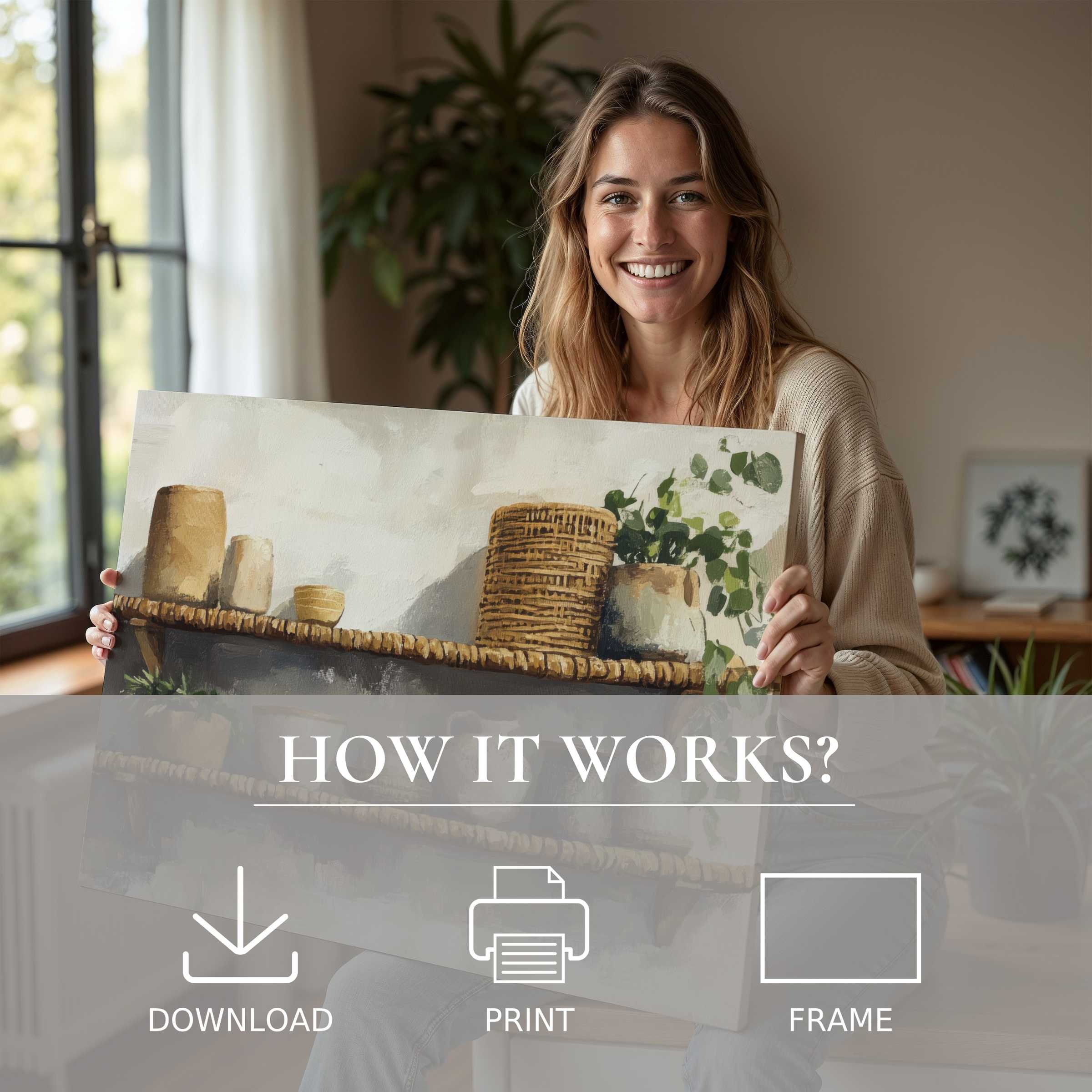 A radiant moment of connection and joy with a boho digital art print, inviting serene elegance into modern living spaces