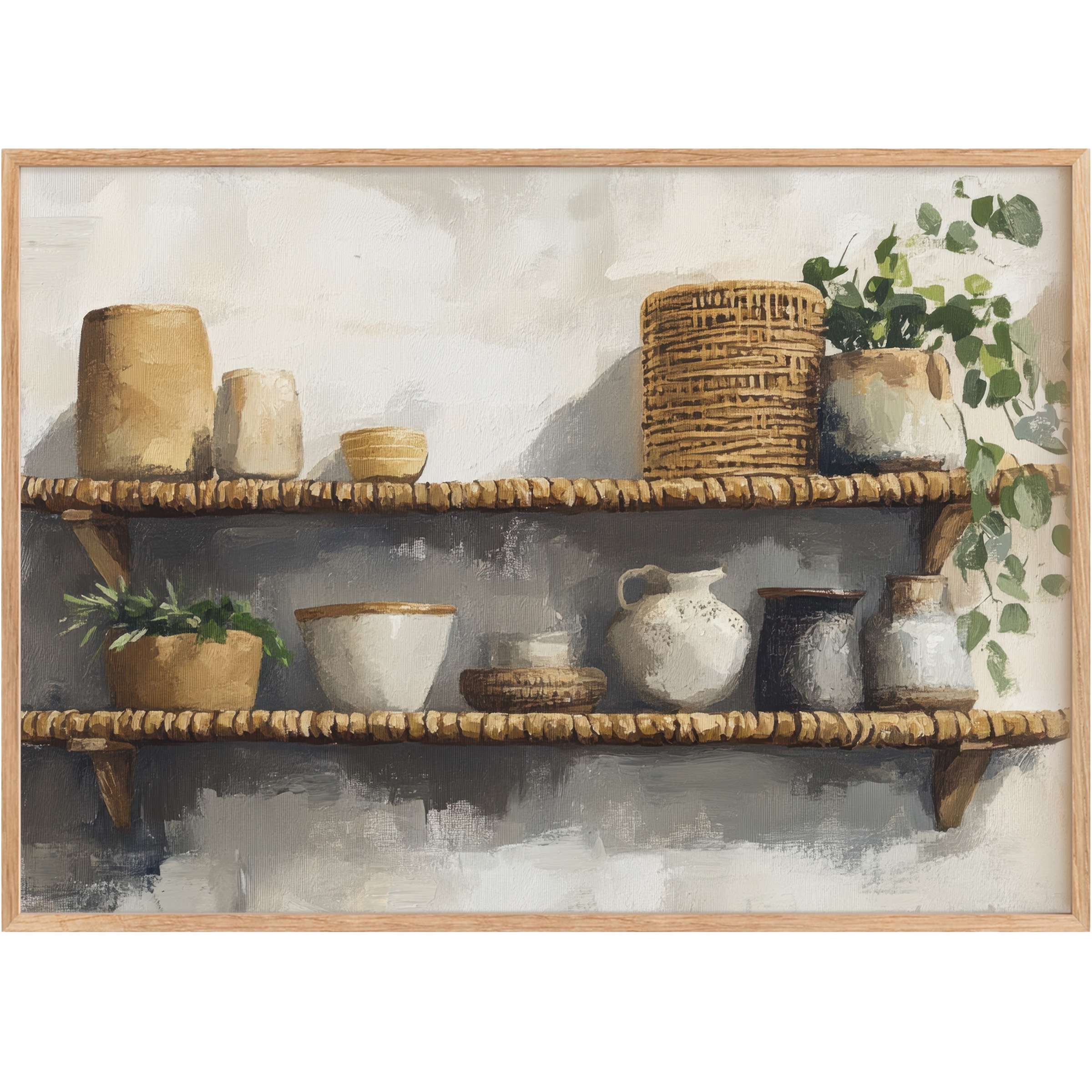 Boho printable wall art with warm earth tones and textured ceramics, evoking a serene, inviting atmosphere for chic living spaces