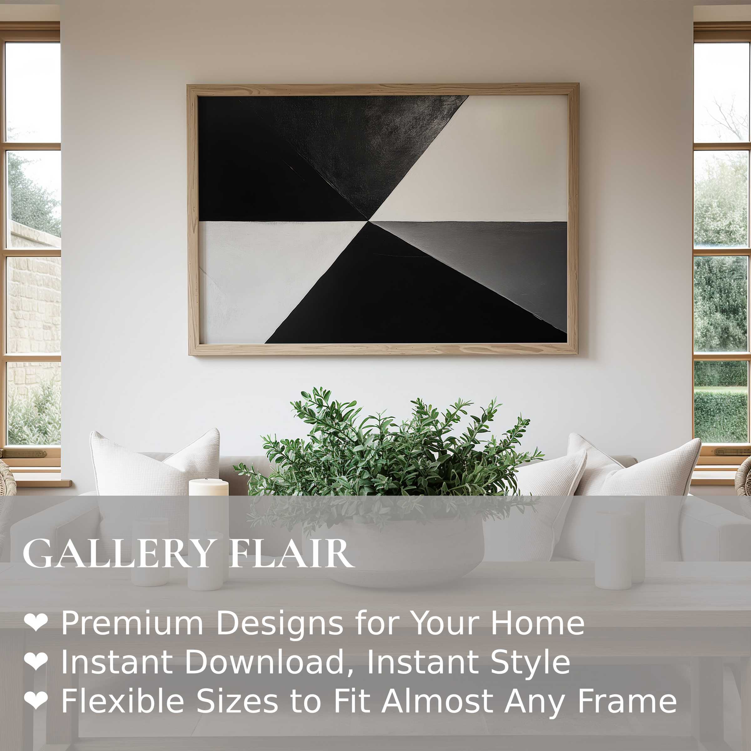 Modern wall art print with bold black and white geometric design, enhancing clean, minimalist interiors with striking contemporary elegance